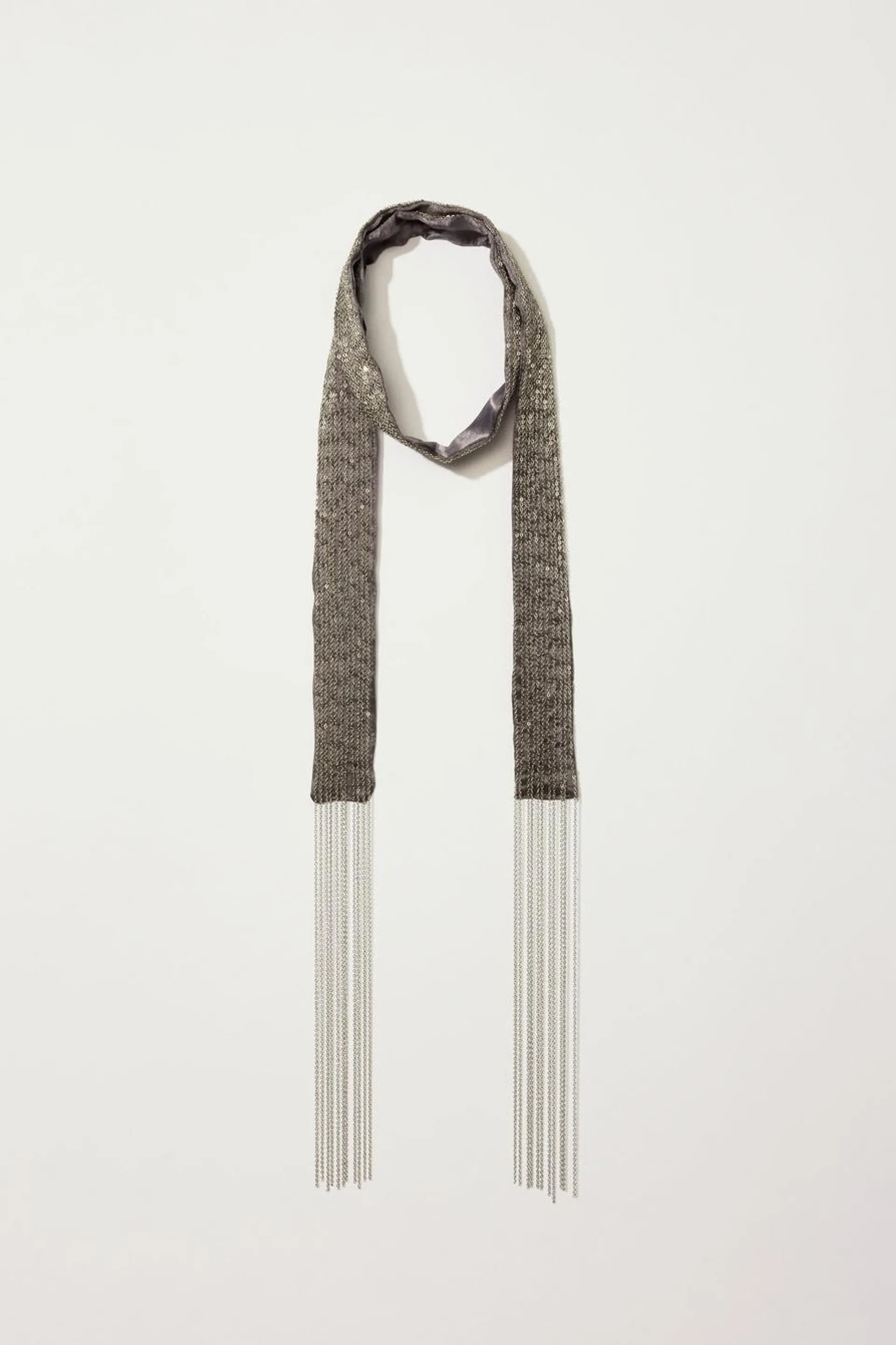 chain fringe silk skinny scarf