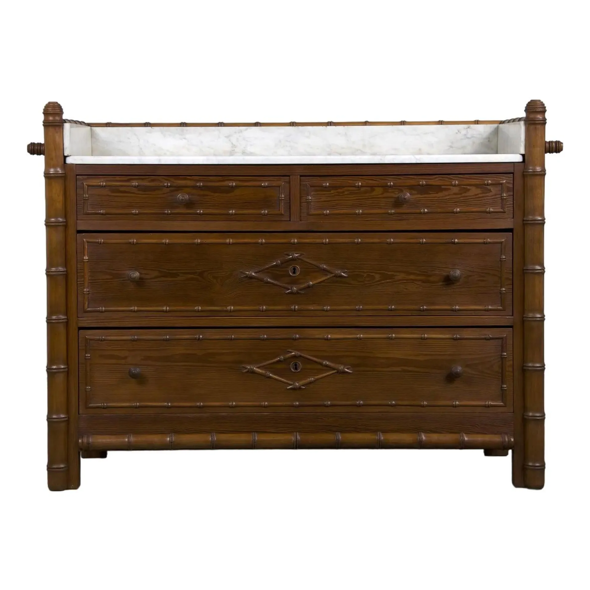 19th Century French Faux Bamboo Chest of Drawers W/ White Marble Top