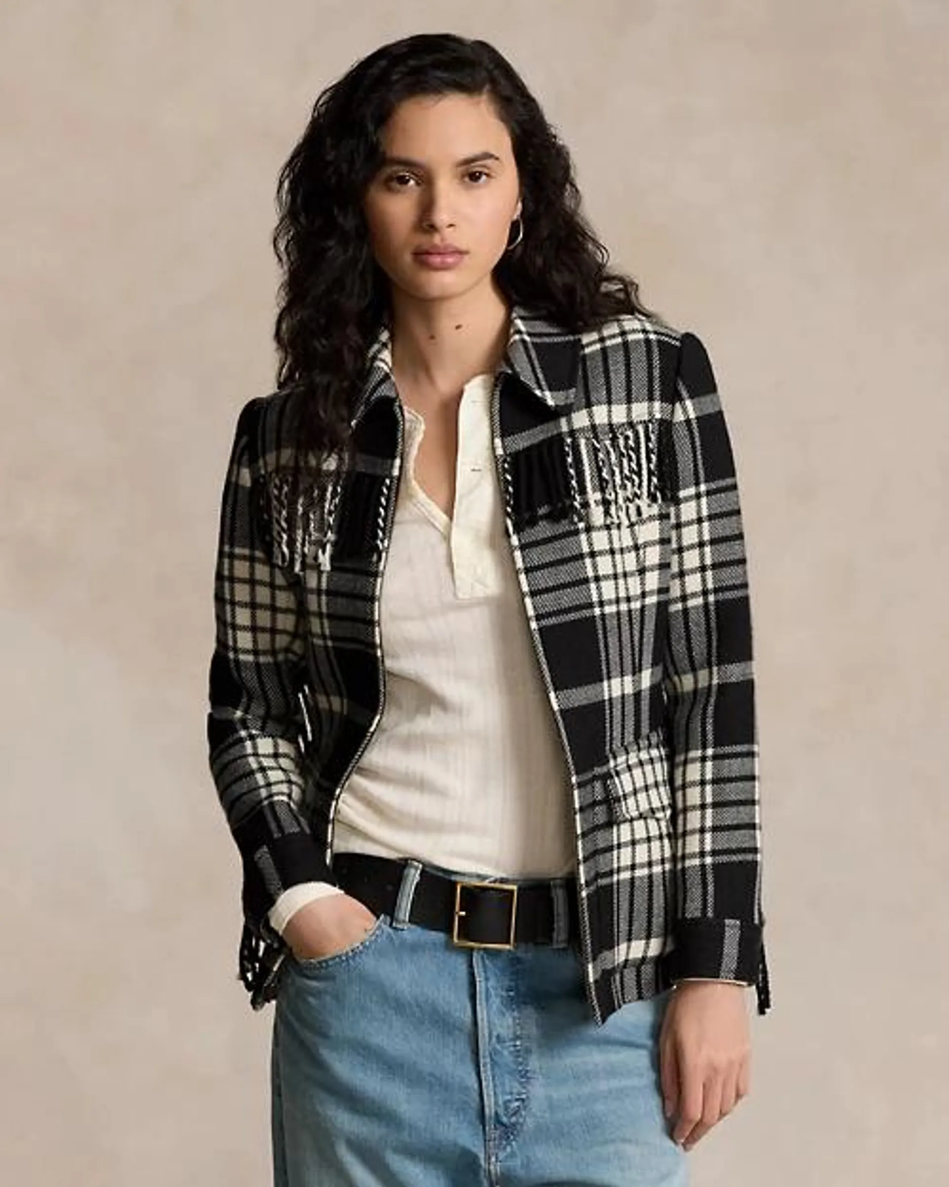 Plaid Fringe-Trim Wool Jacket