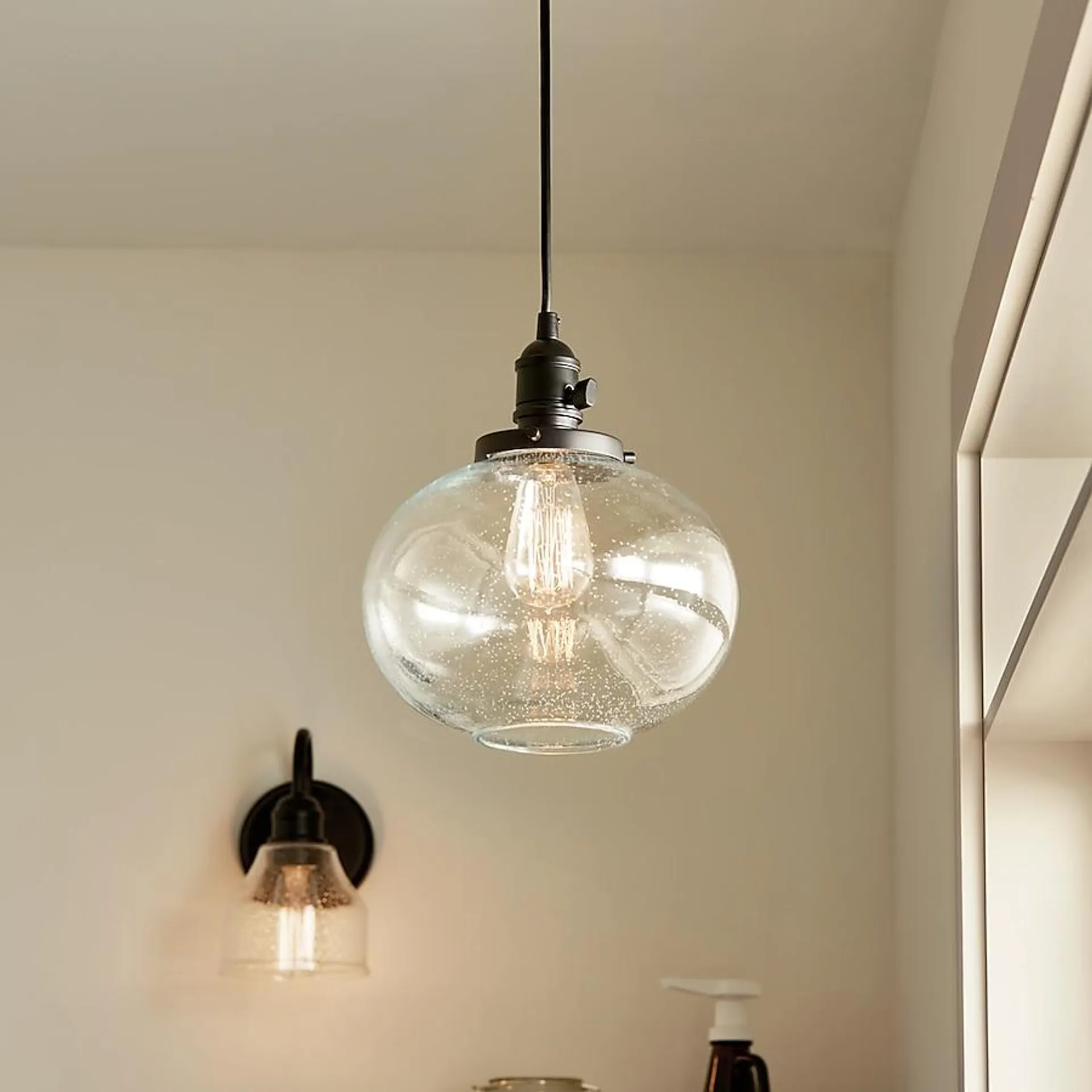 Kichler Avery Black Industrial Seeded Glass Globe Led, Mini Hanging Pendant Light