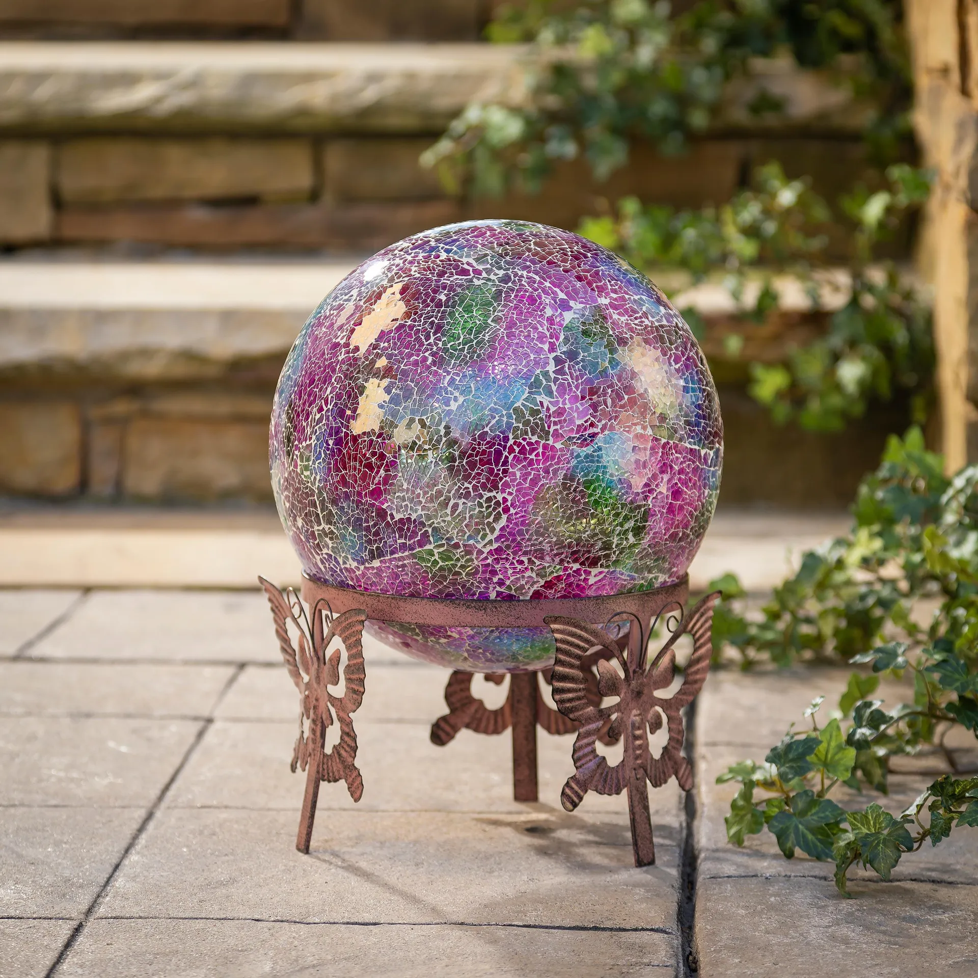 Mosaic Gazing Ball and Metal Butterfly Stand