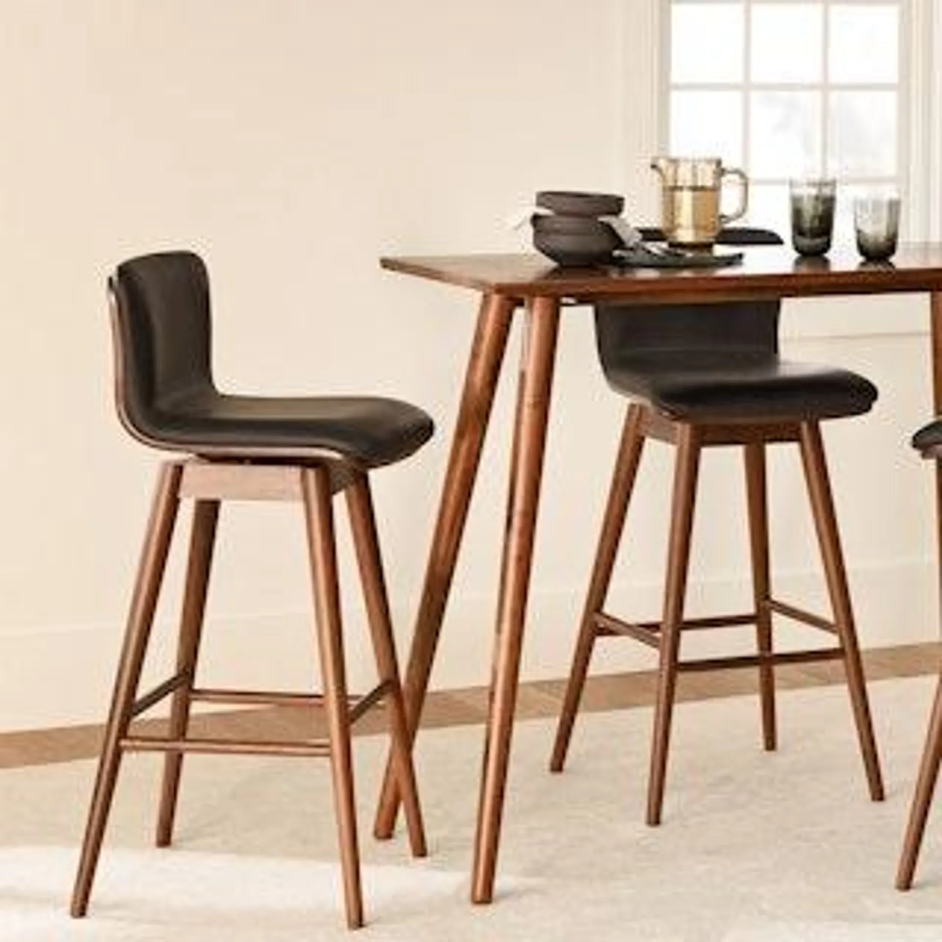 Sede Leather Swivel Bar Stool - Walnut and Black