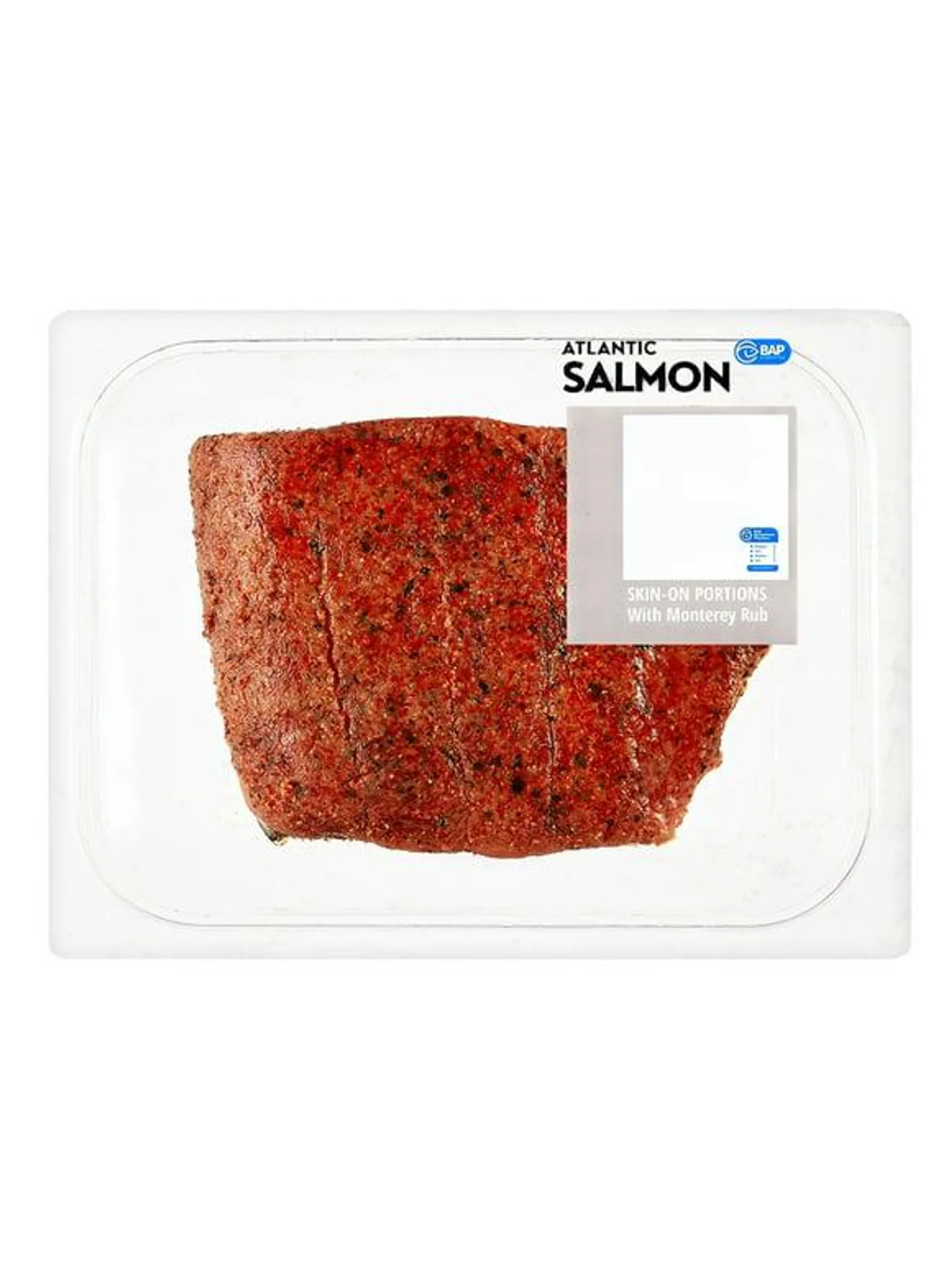 Fresh Atlantic Salmon Portion with Monterrey Rub, 0.95 - 1.25 lb. Whole Salmon Portion. Certifications - BAP Certified.