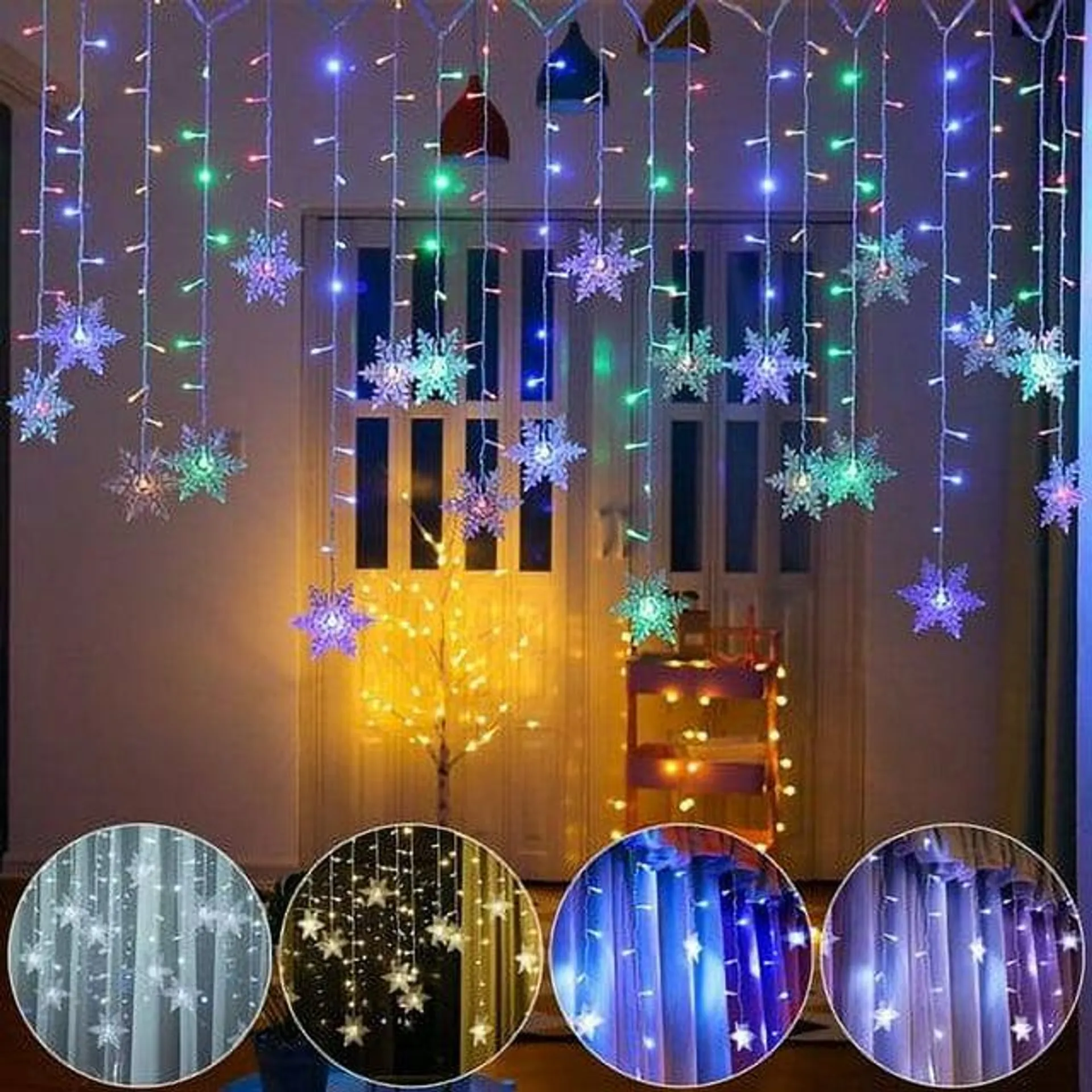 Outdoor Christmas Snowflake LED Curtain String lights Memory 8 Modes Flashing Lights Waterproof Holiday Party Connectable Wave Fai