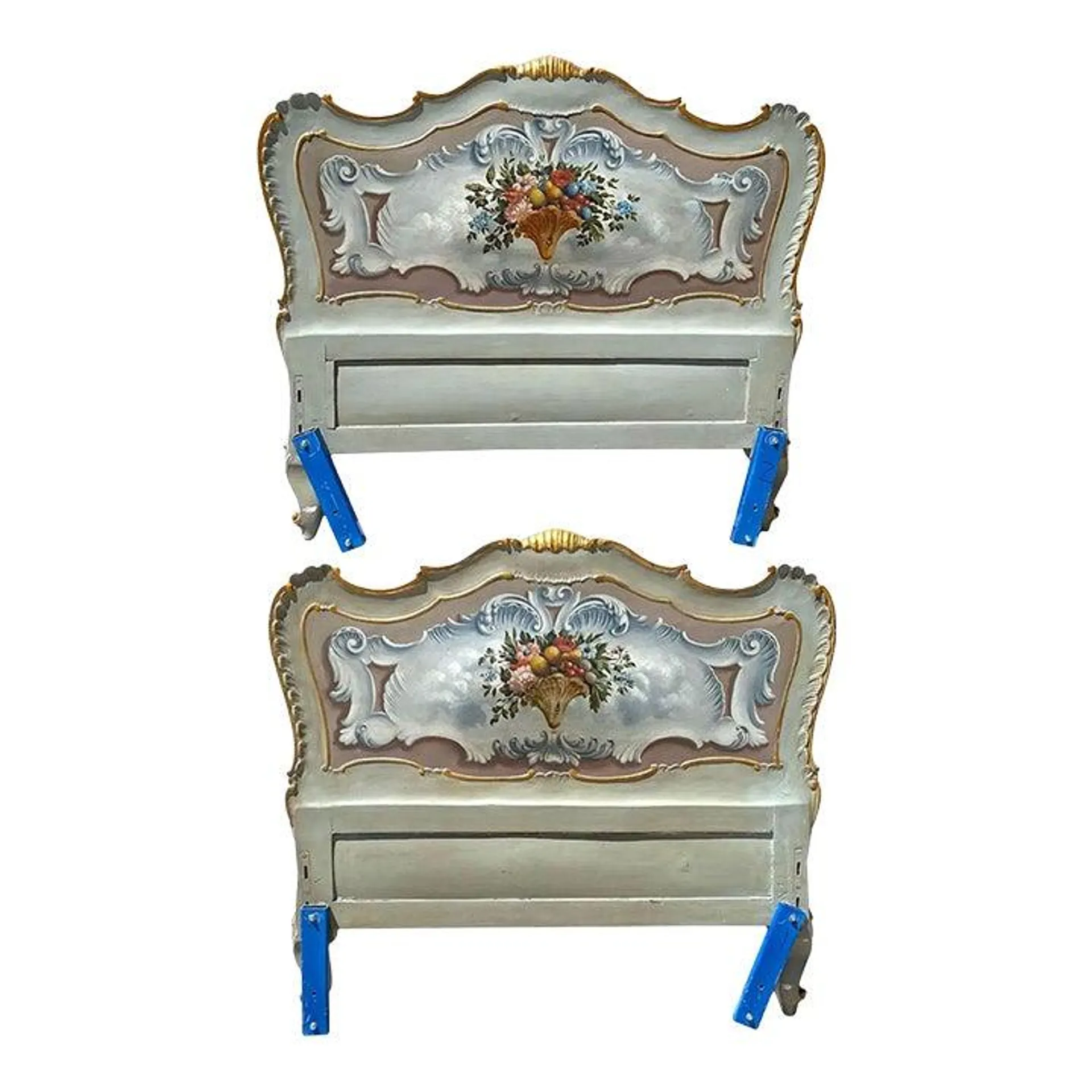 Pair 1920s Italian Venetian Rococo Revival Painted Pine Single Bed Headboards