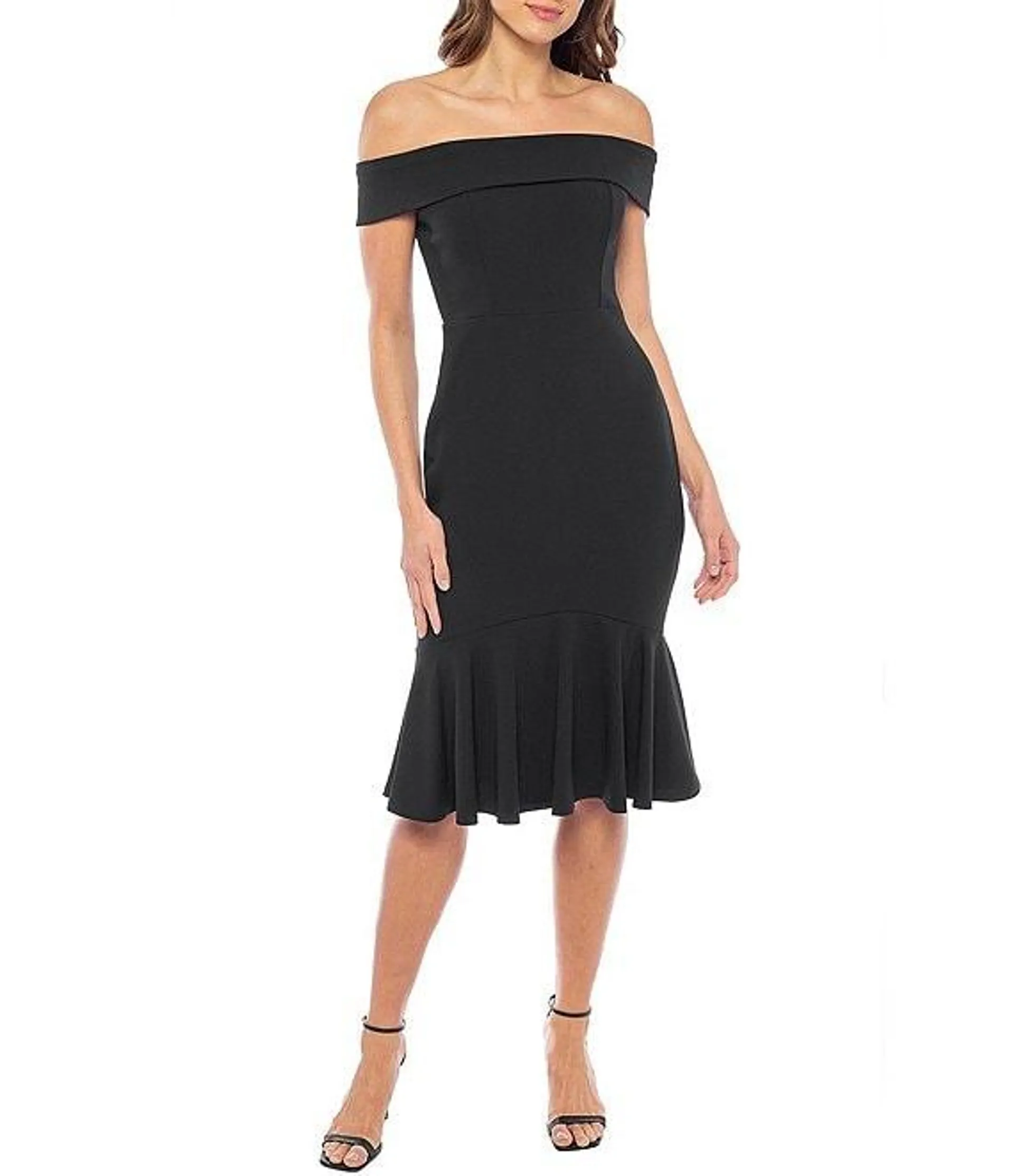 Off-the-Shoulder Cap Sleeve Stretch Crepe Mermaid Midi Dress