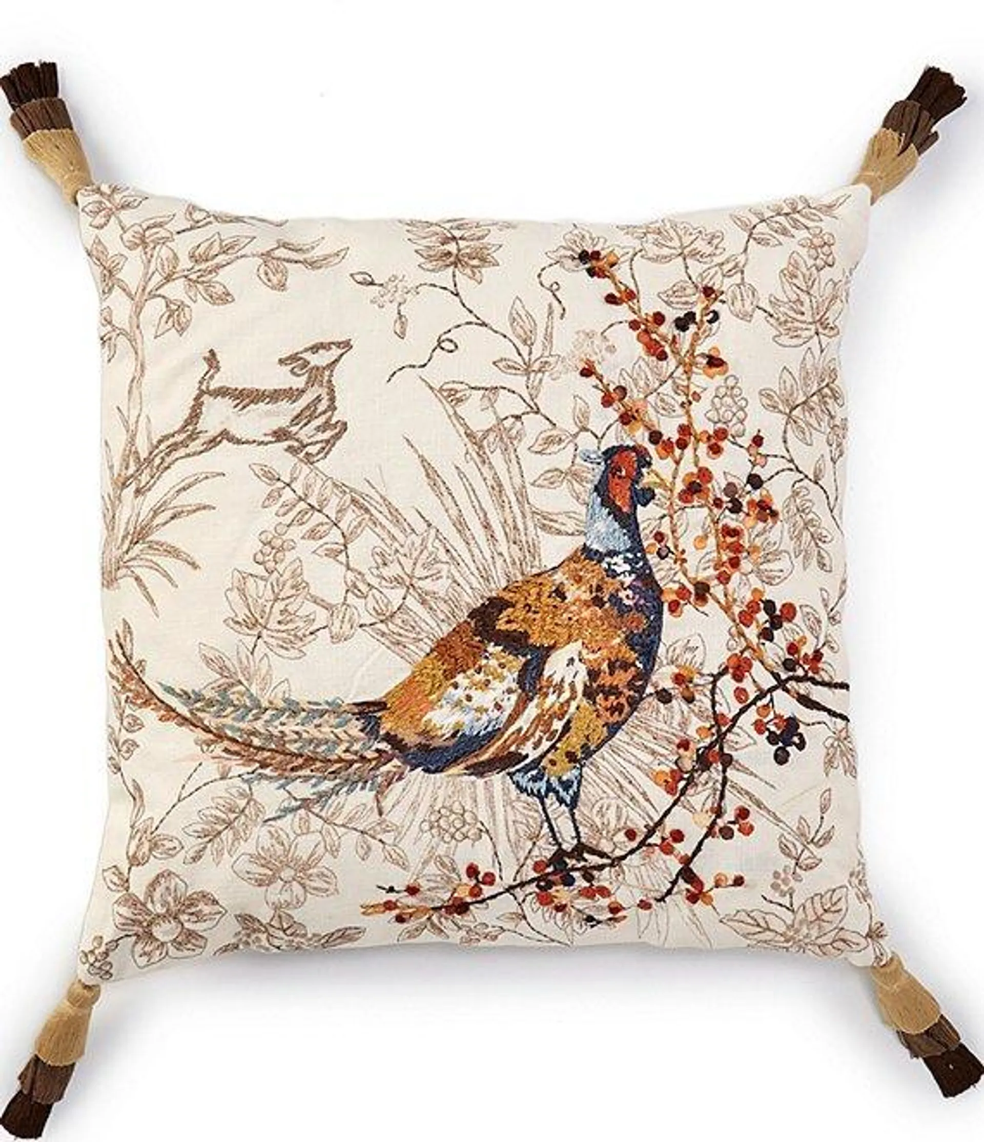 Festive Fall Collection Embroidered Pheasant Square Pillow