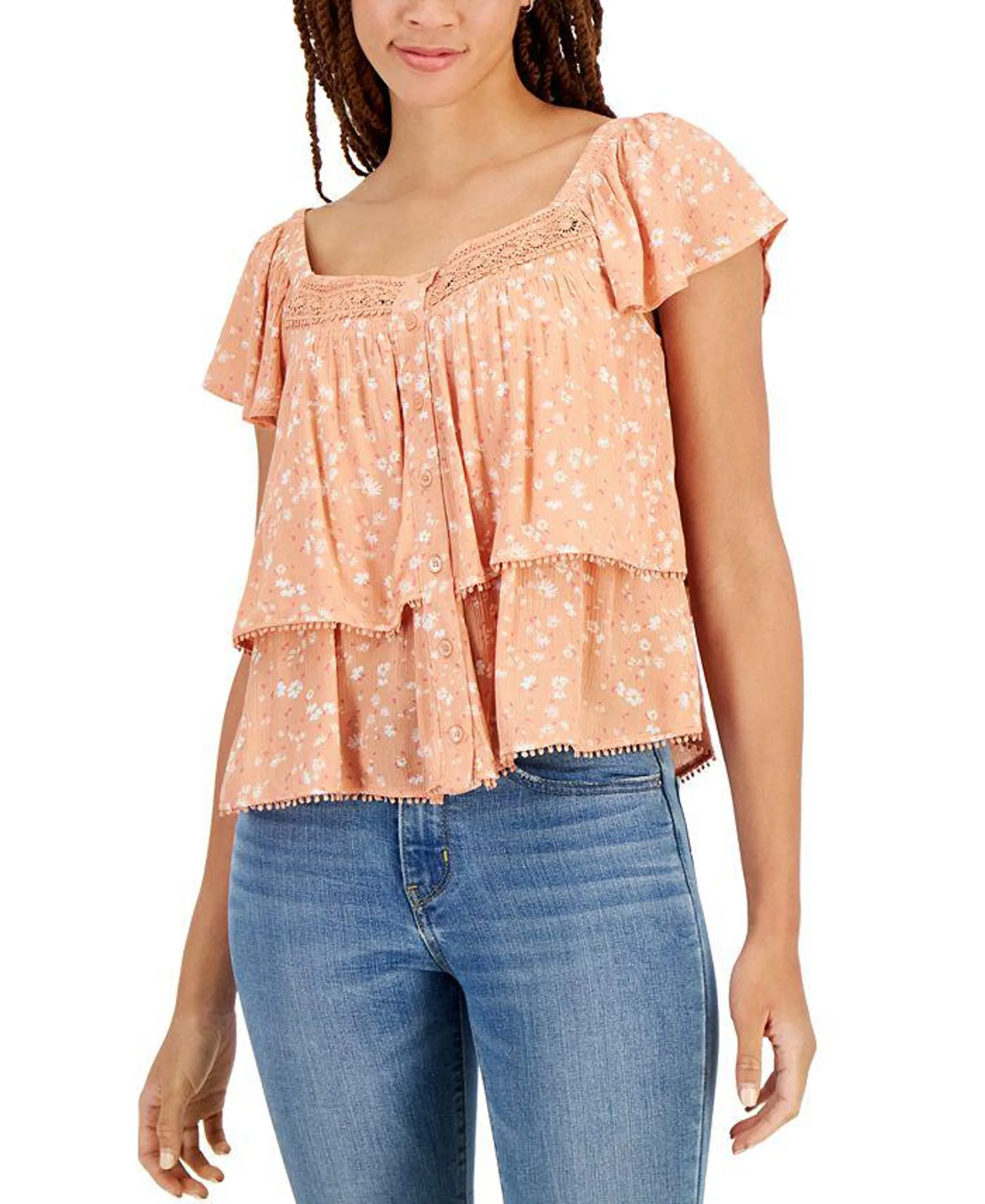 Juniors' Button-Front Tiered Peasant Top