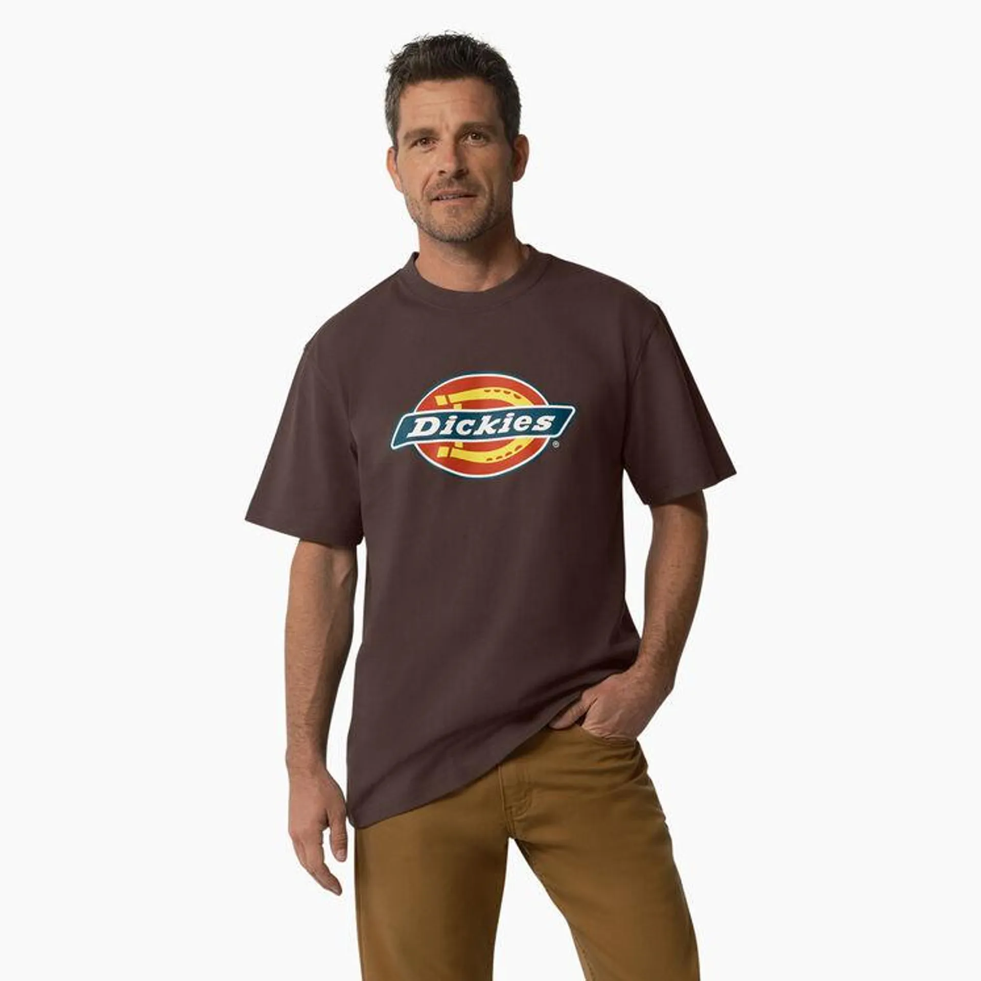 Short Sleeve Tri-Color Logo Graphic T-Shirt, Chocolate Brown