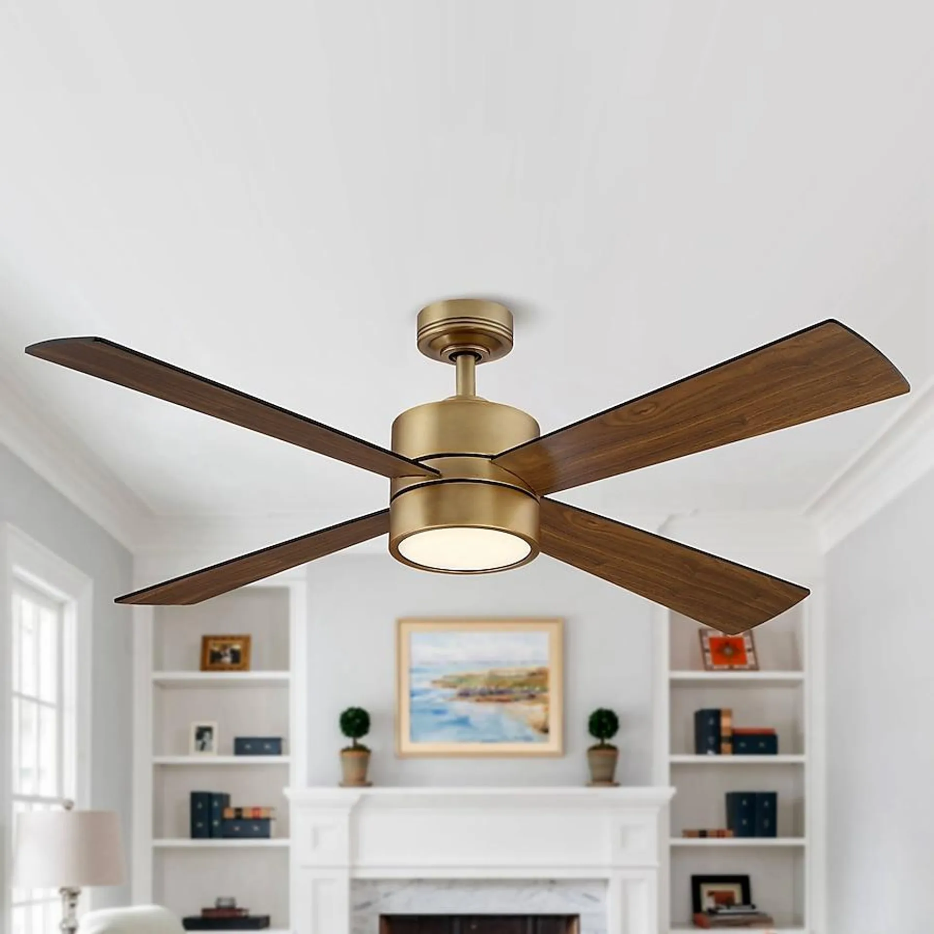 Parrot Uncle 52-in Integrated LED Natural Brass with Walnut Blades Ceiling Fan With Light - Remote Included ( 4 -Blade )