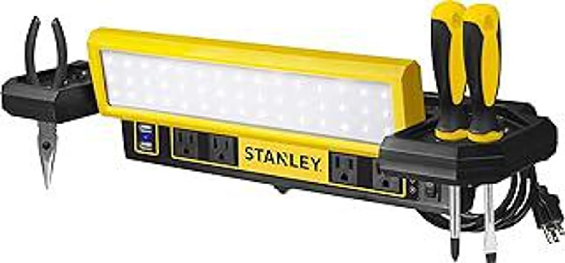 PSL1000S Adjustable 45 COB LED Workbench Light with AC Power Outlets, Dual 2.1 Amp USB Charging Ports, and Tool Storage