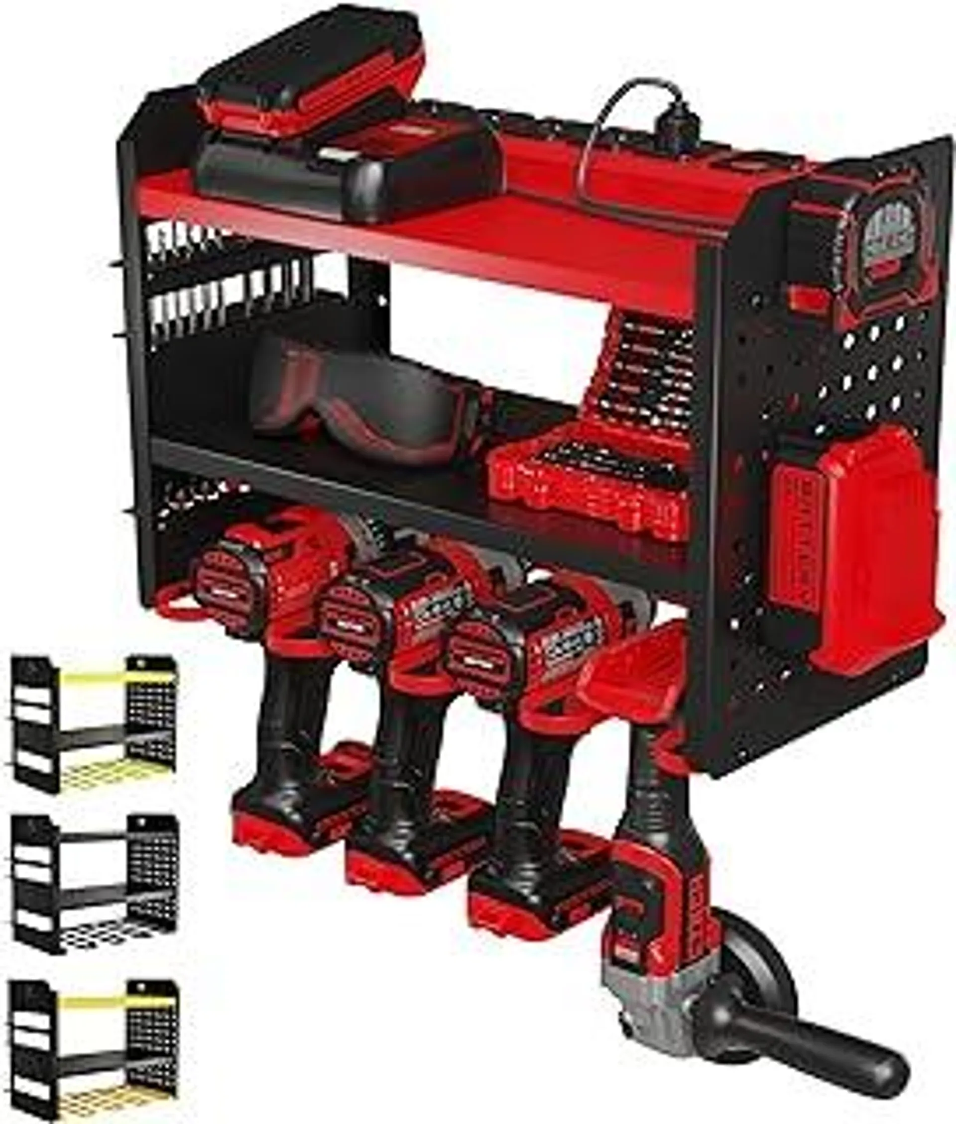 Power Tool Organizer Wall Mount - 3-Tier Heavy-Duty Metal Hand Tool Storage Rack, Utility Racks, Drill Holder, PegBoard Side, & More - Garage Storage Cordless Tool Organizer (Red)