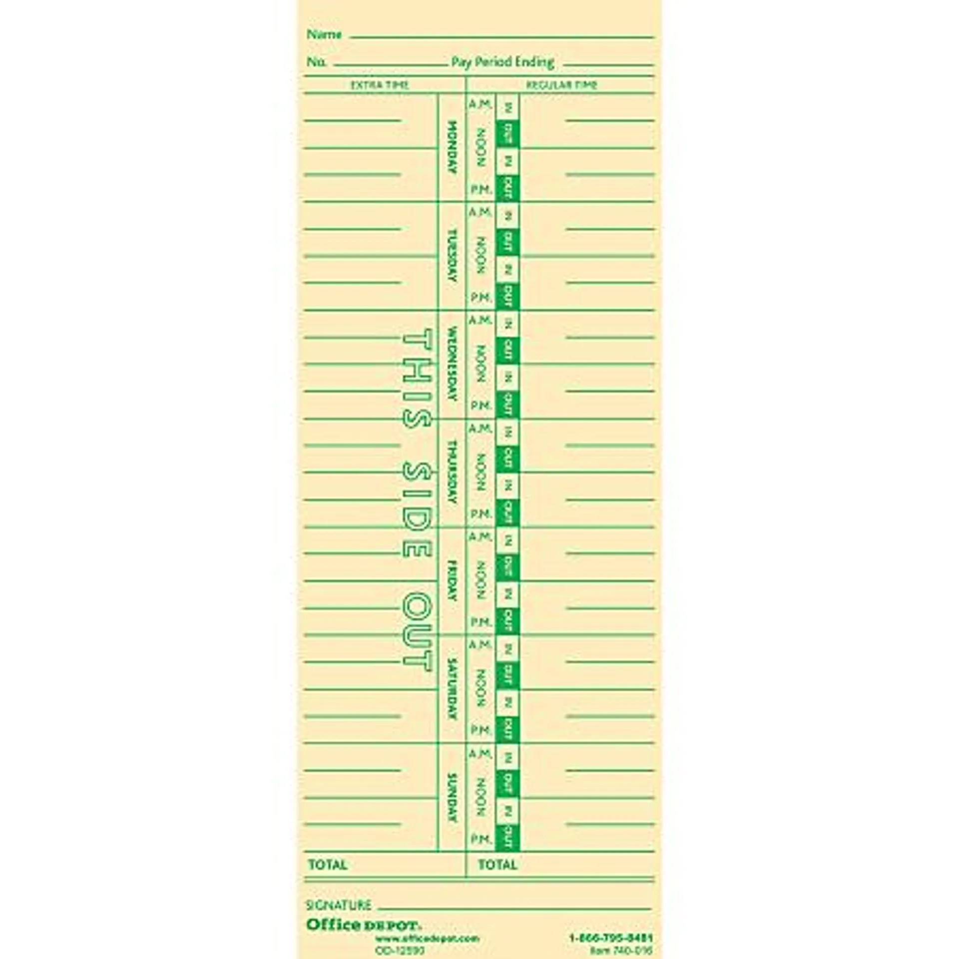 Office Depot® Brand Time Cards, Weekly, Monday–Sunday Format, 1-Sided, 3 3/8" x 8 7/8", Manila, Pack Of 100