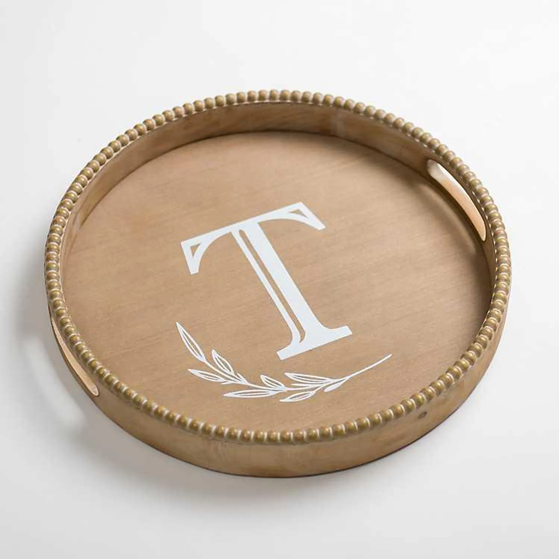 Round Monogram T Beaded Wood Tray