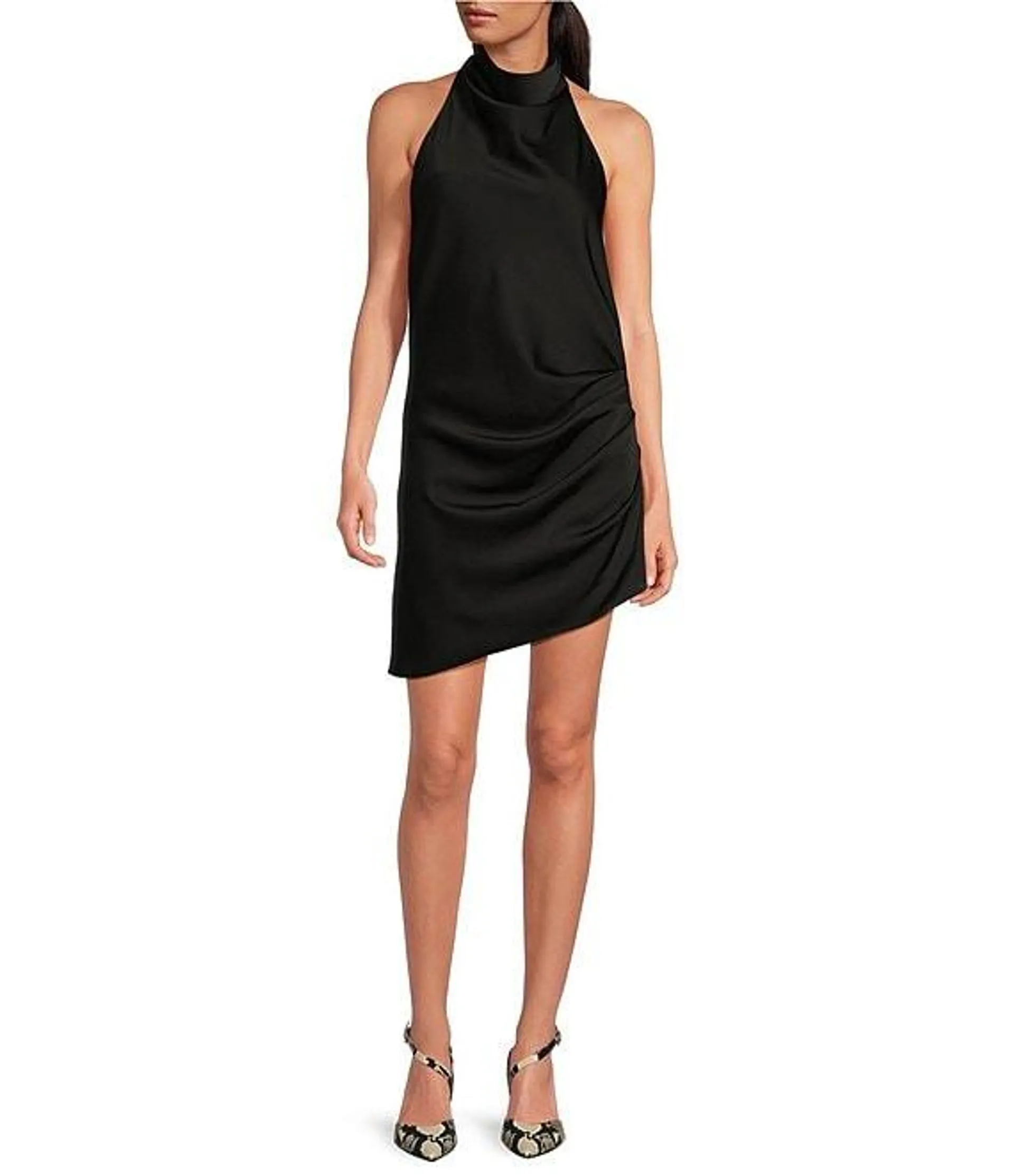 Peyton Ruched Satin Cowl Halter Neck Sleeveless Open Back Detail Asymmetrical Hem Mini Sheath Dress