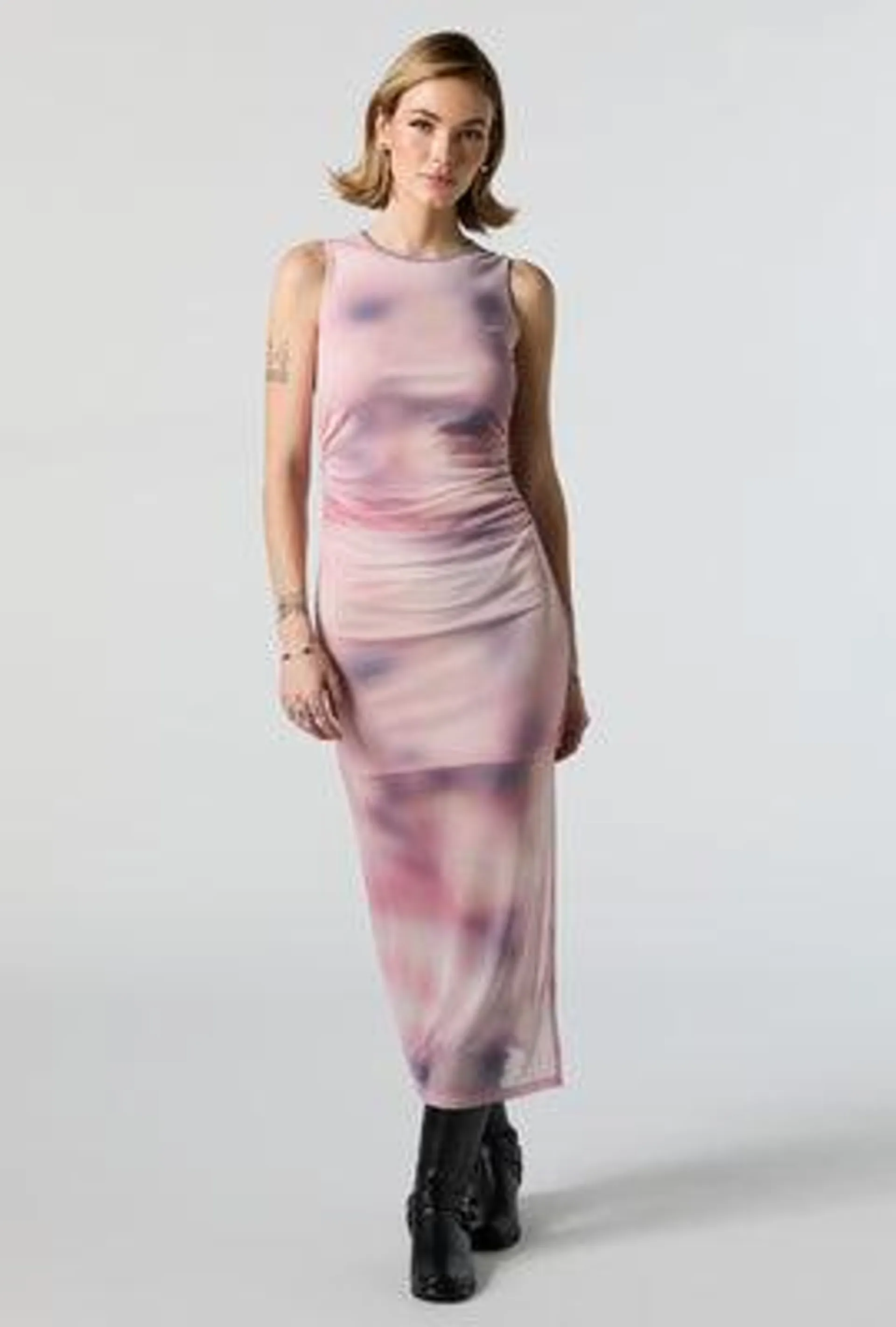 Pink Printed Mesh Sleeveless Maxi Dress