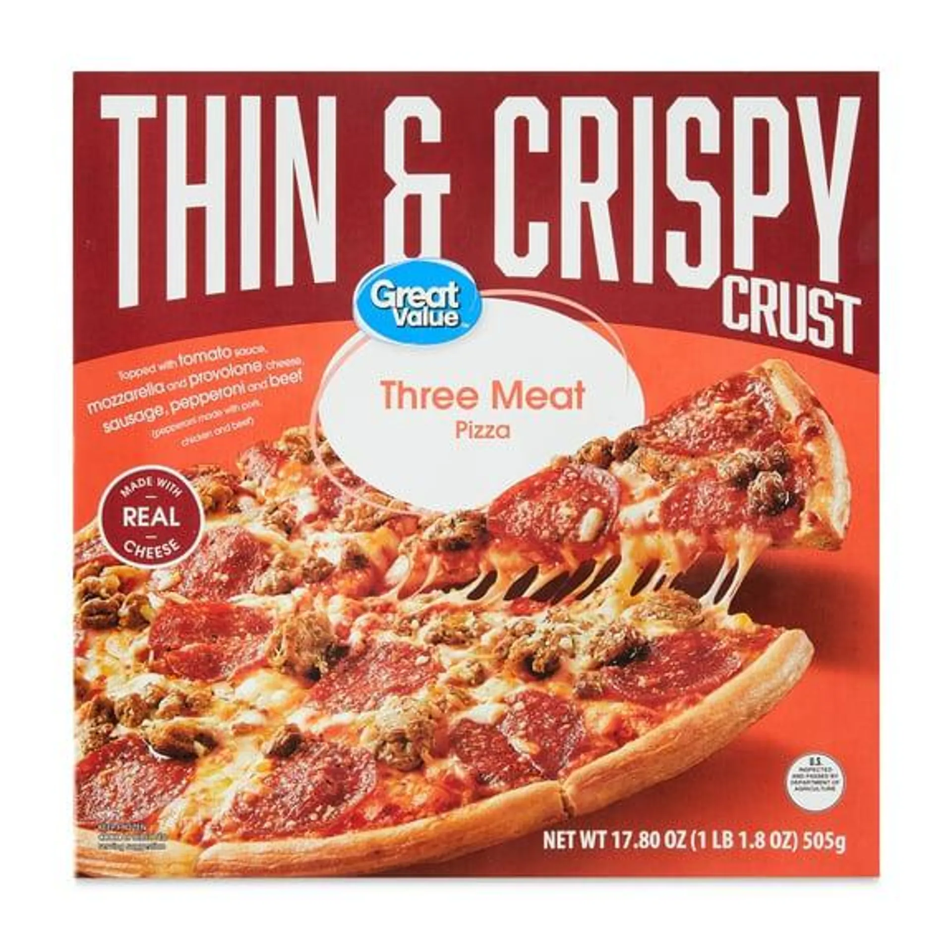 Great Value Thin Crust Three Meat Pizza, Tomato Basil Garlic Sauce, 17.8 oz (Frozen)