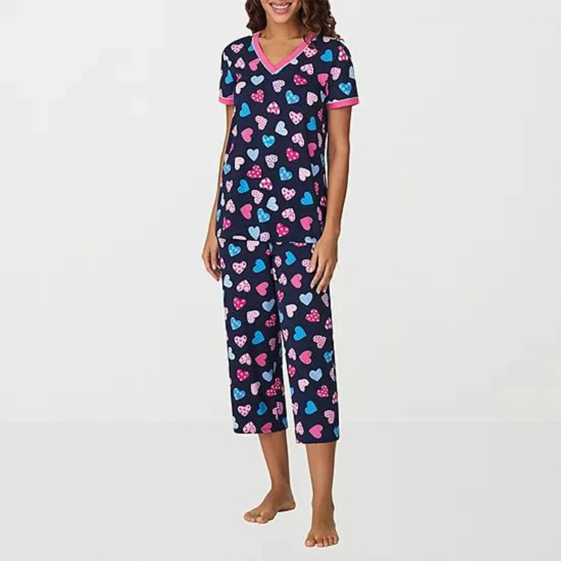 new! Cuddl Duds Womens V-Neck Short Sleeve 2-pc. Pant Pajama Set