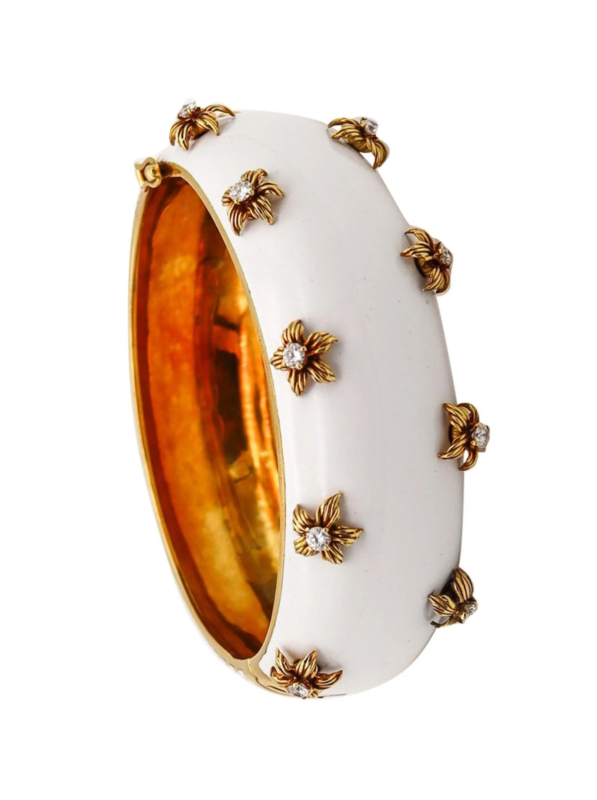 MODERNIST 1970 White Enameled Bangle In 18Kt Yellow Gold With Diamonds