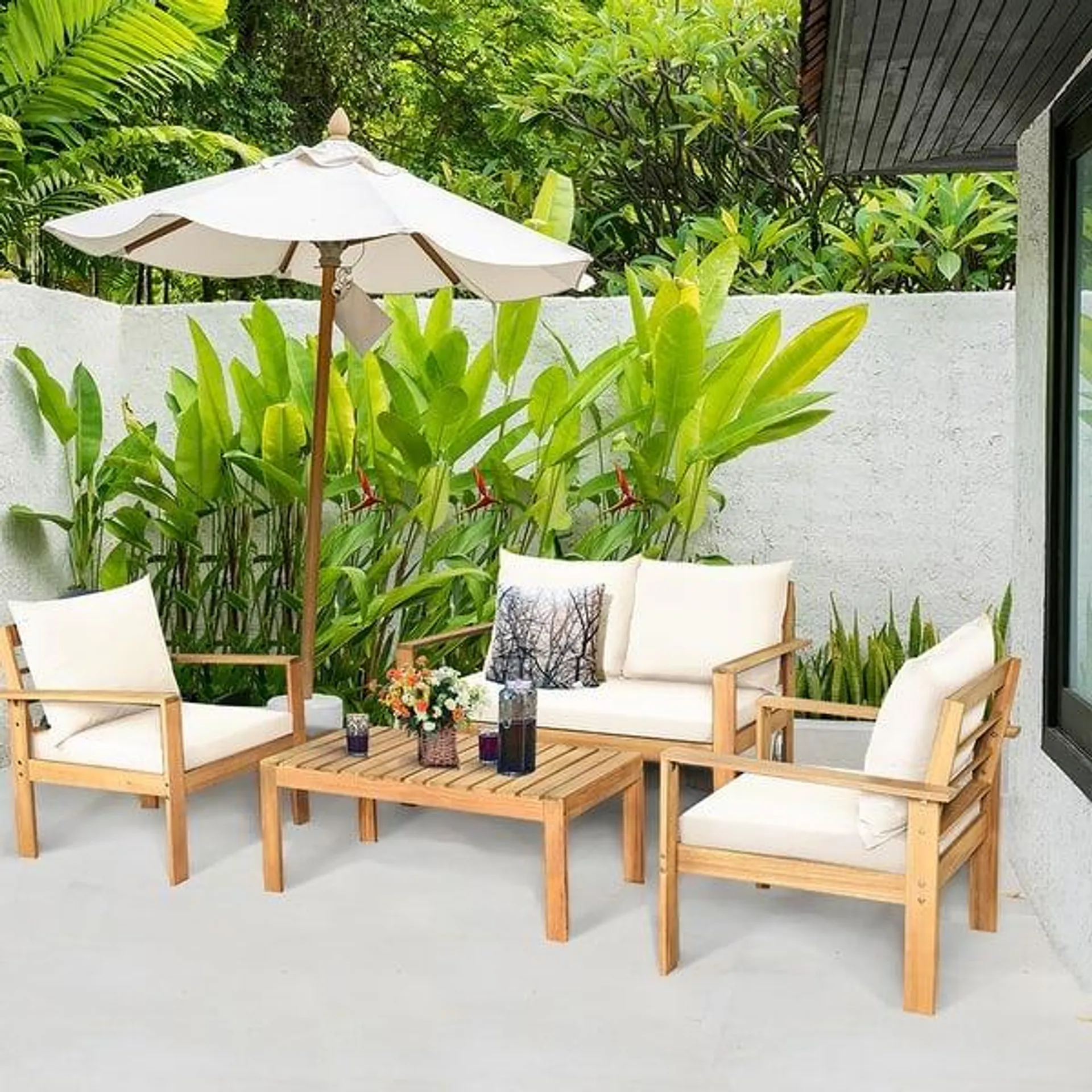 Outdoor 4 Piece Acacia Wood Chat Set Conversation Sofa and Table Set