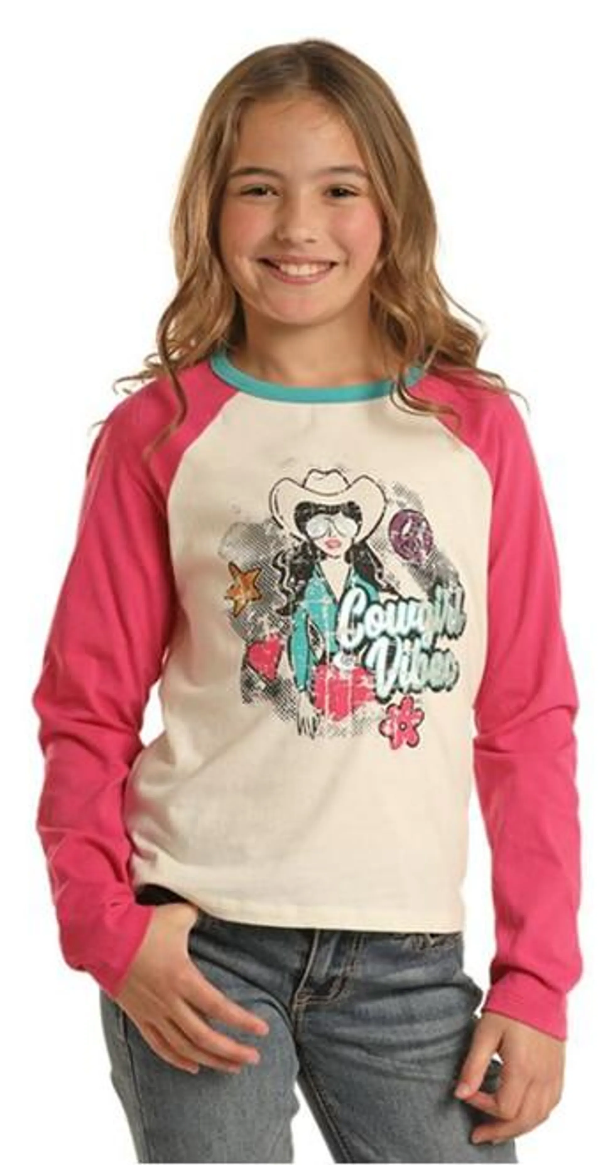 Rock & Roll Cowgirl Girl's Cowgirl Vibes Graphic Hot Pink and White Long Sleeve Shirt