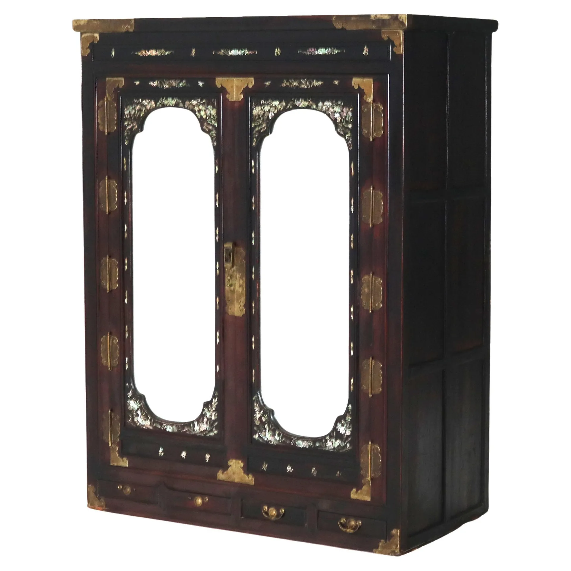 Chinese Hardwood Wedding Cabinet with Mirrors & Mother of Pearl Inlay, 19thC