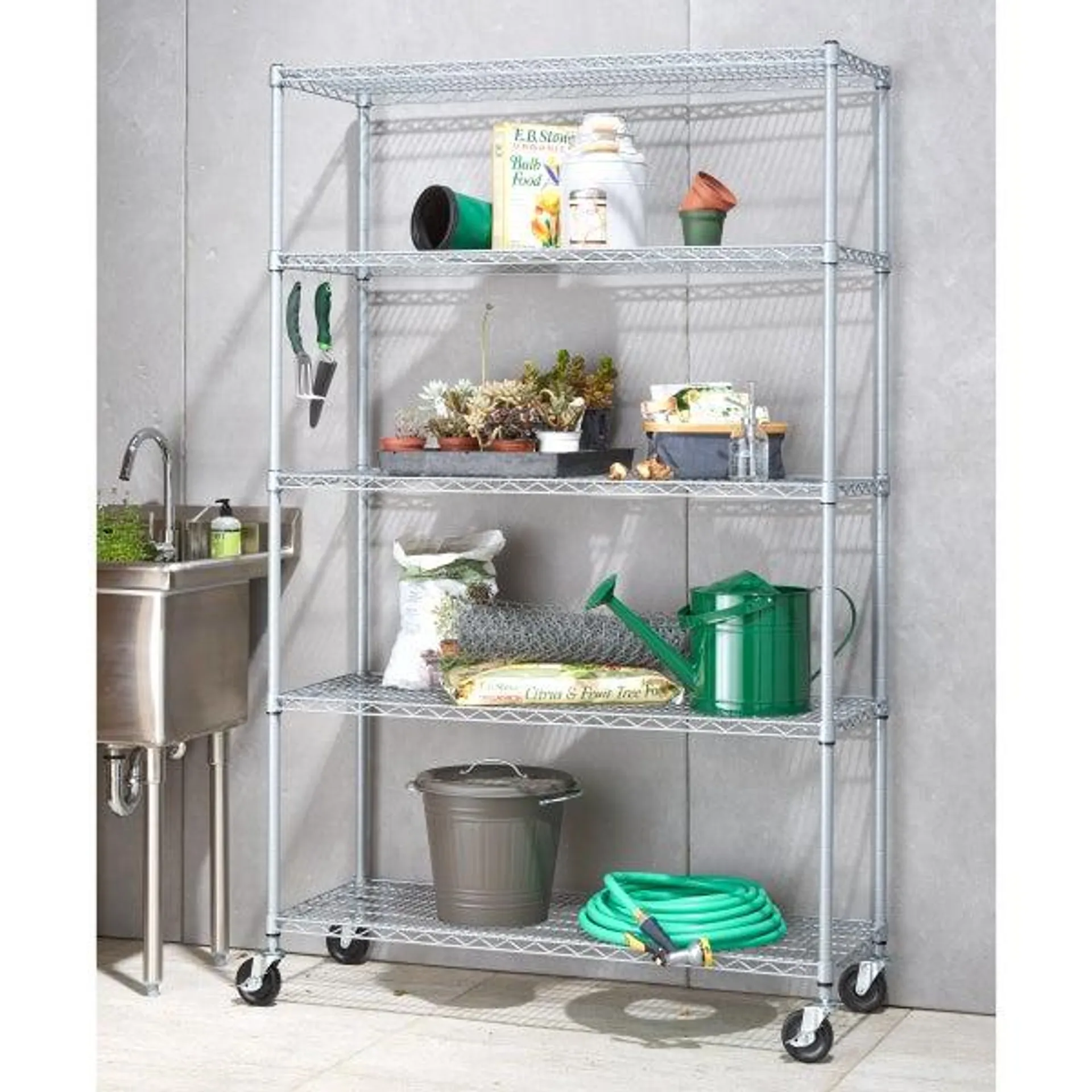 TRINITY 5-Tier Outdoor Wire Shelving Rack with Wheels, 48" x 18" x 72" NSF, Gray Color