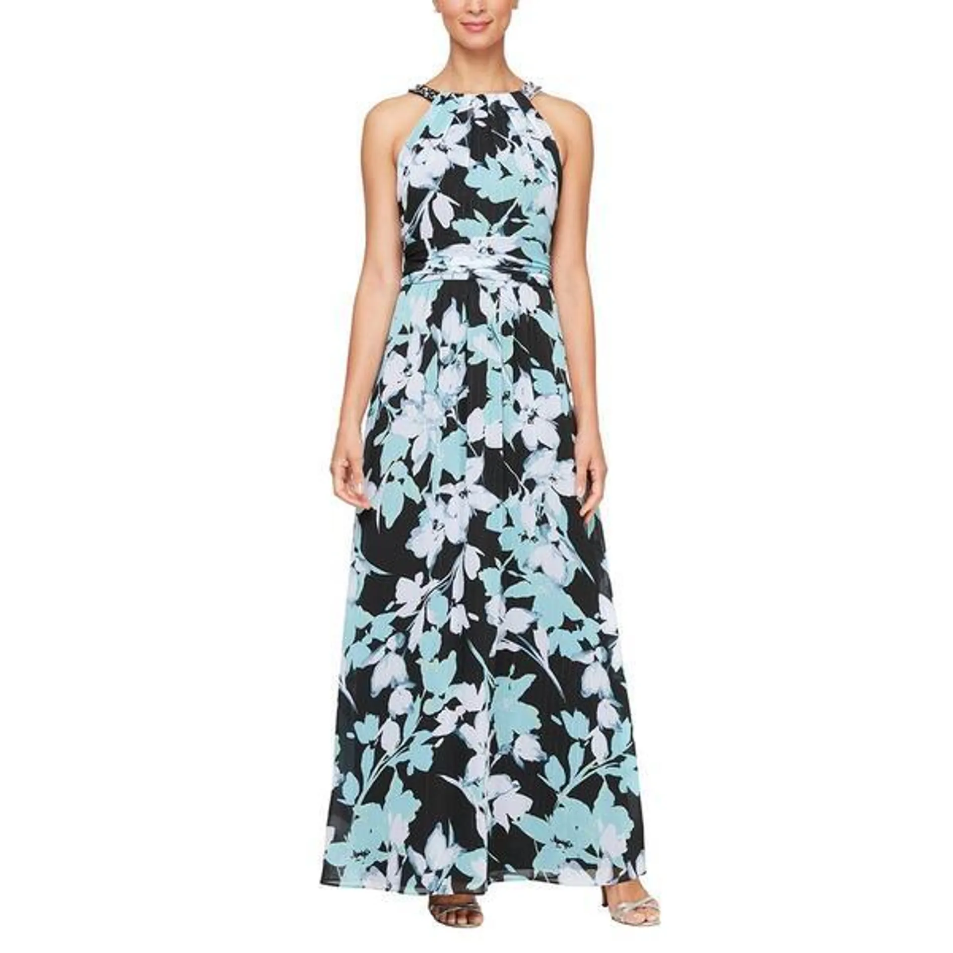 Womens SLNY Sleeveless Floral Embellished Halter Neck Maxi Dress