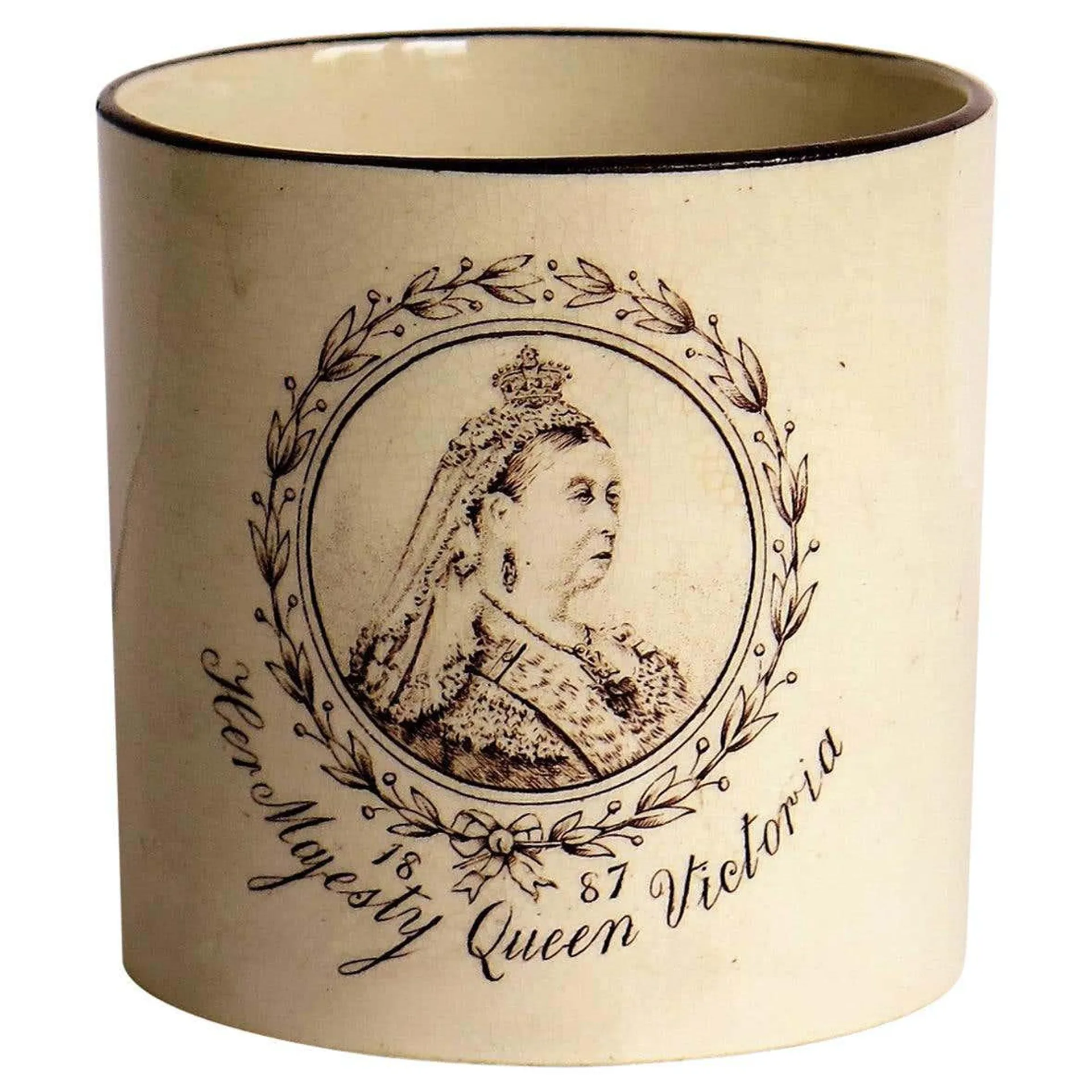 Commemarative Coffee Can Eathenware Queen Victoria Golden Jubilee, 1887