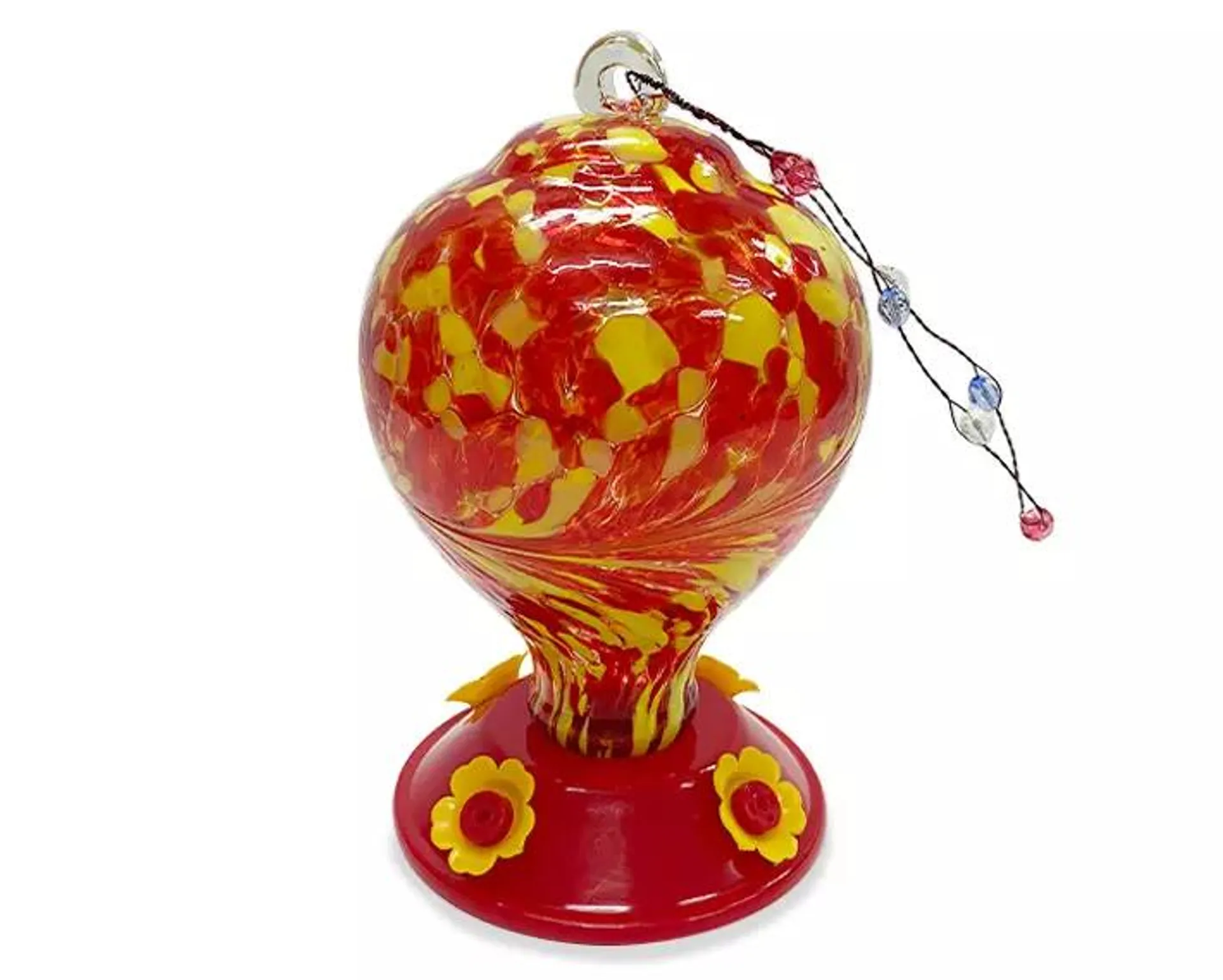 Red & Yellow Swirl Glass Ball Hummingbird Feeder