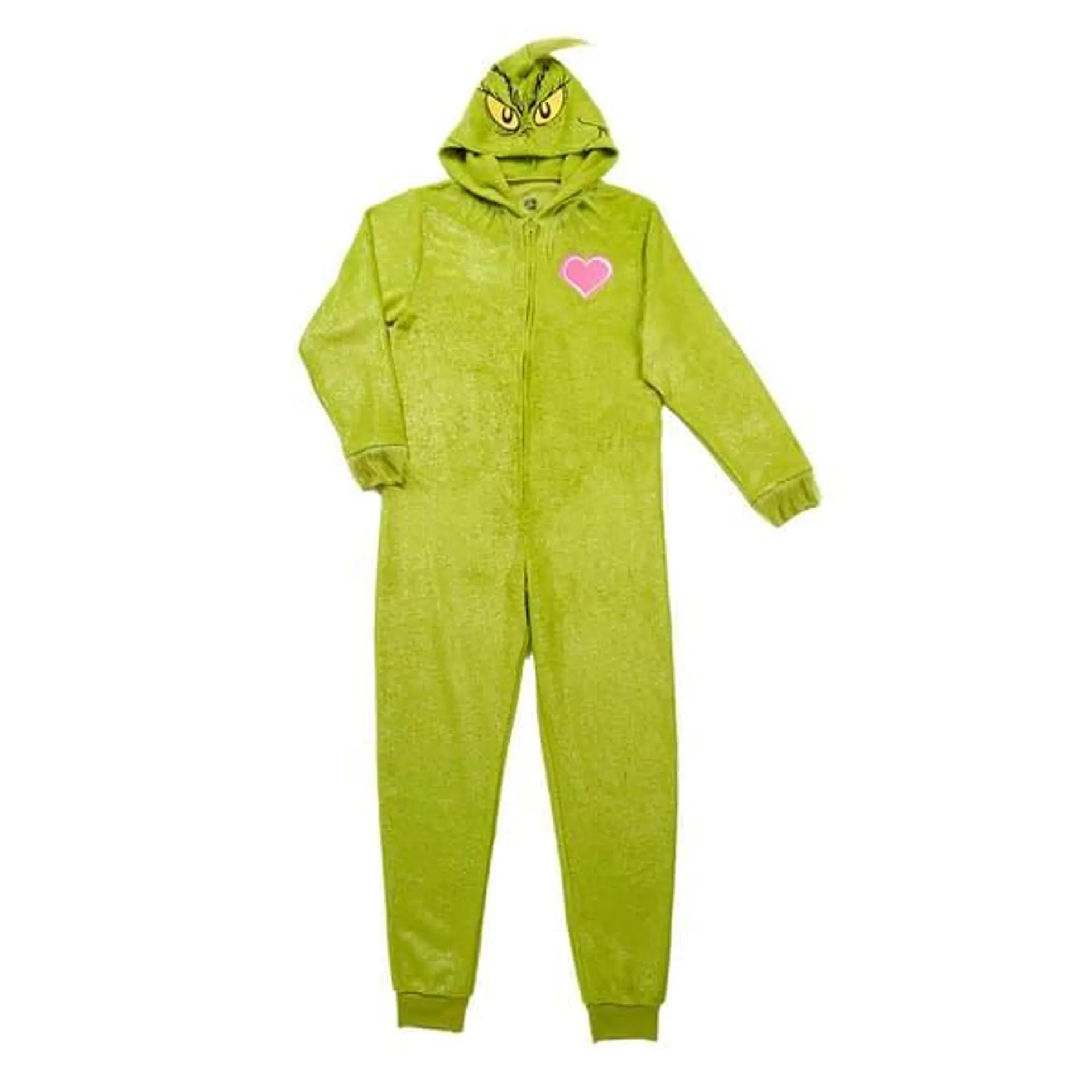 Womens Holiday Traditions Grinch Shimmer Hooded Onesie Pajama