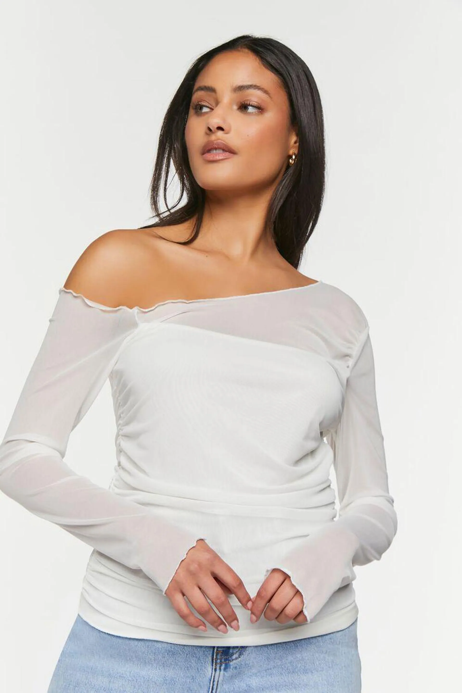 Mesh Overlay One-Shoulder Top