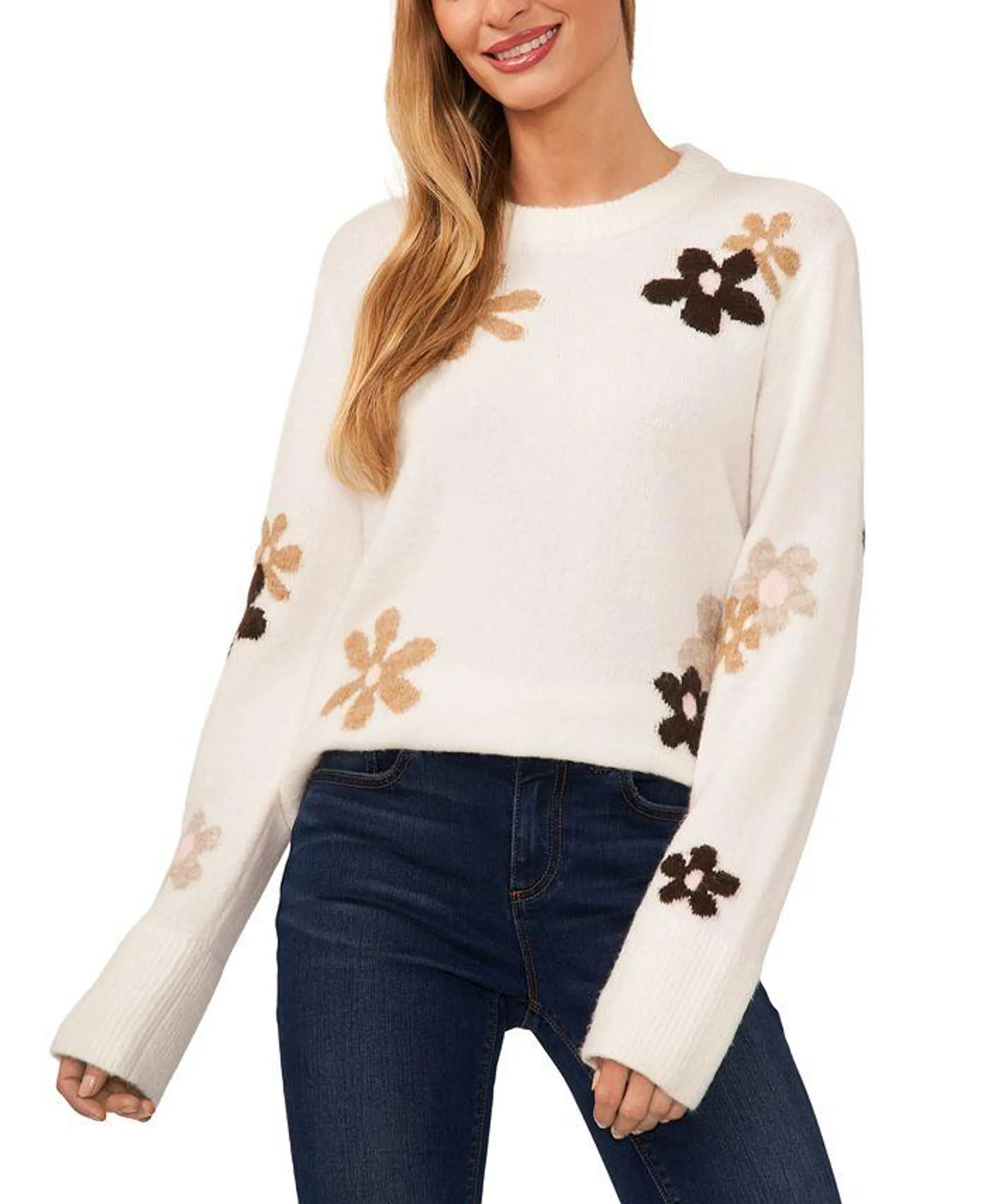 Women's Flower Patterned Knit Crewneck Sweater