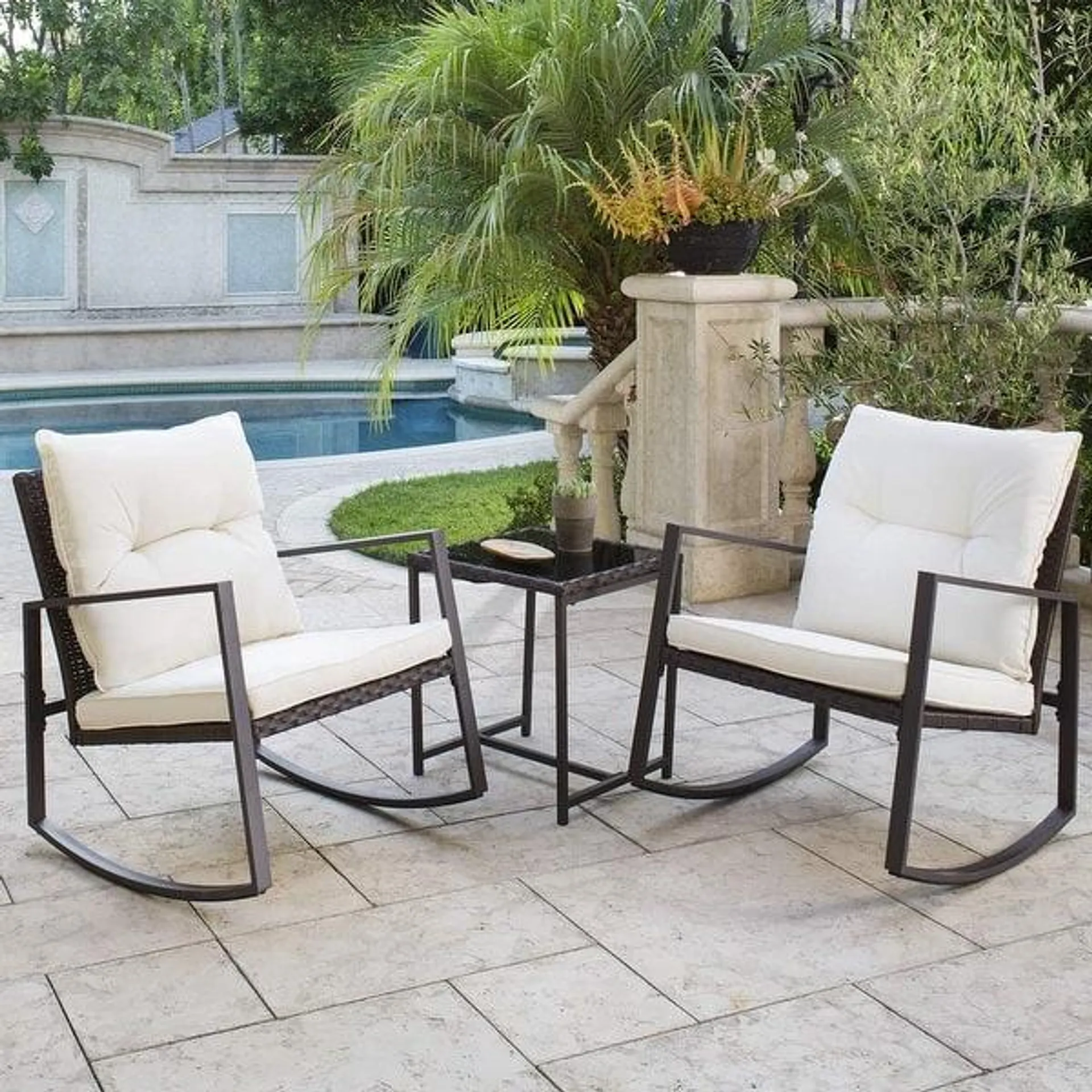 SUNCROWN 3-Piece Outdoor Patio Brown Wicker Rocking Chairs Bistro Set