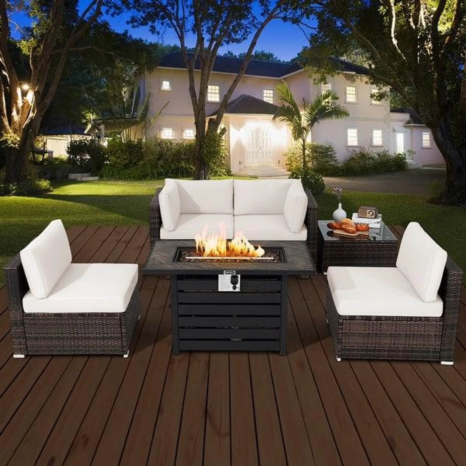 6 PCS Patio Wicker Furniture Set 42' Fire Pit Table 50,000 BTU