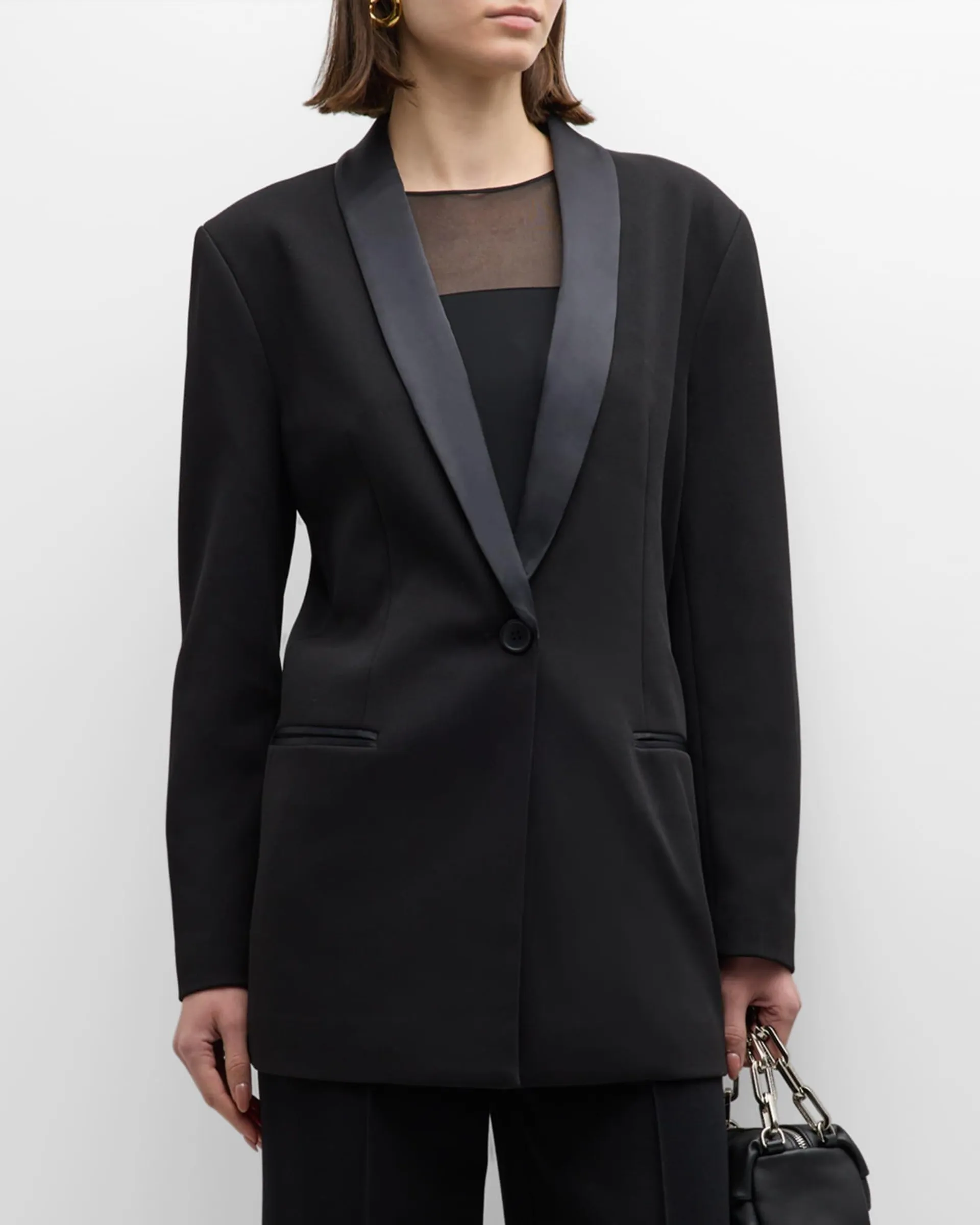 Shawl-Collar Single-Button Satin Blazer