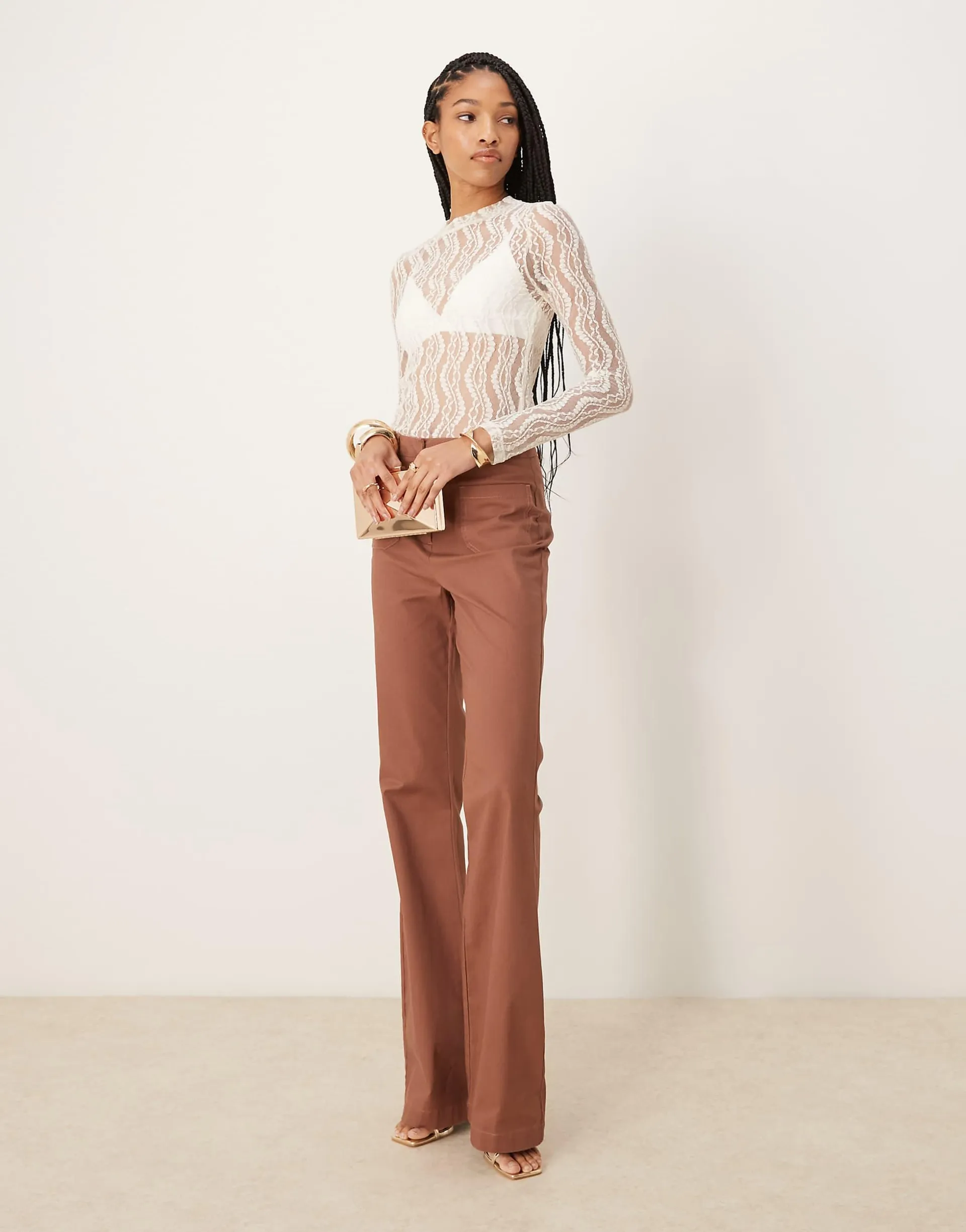 ASOS DESIGN Tall patch pocket flare pants in brown