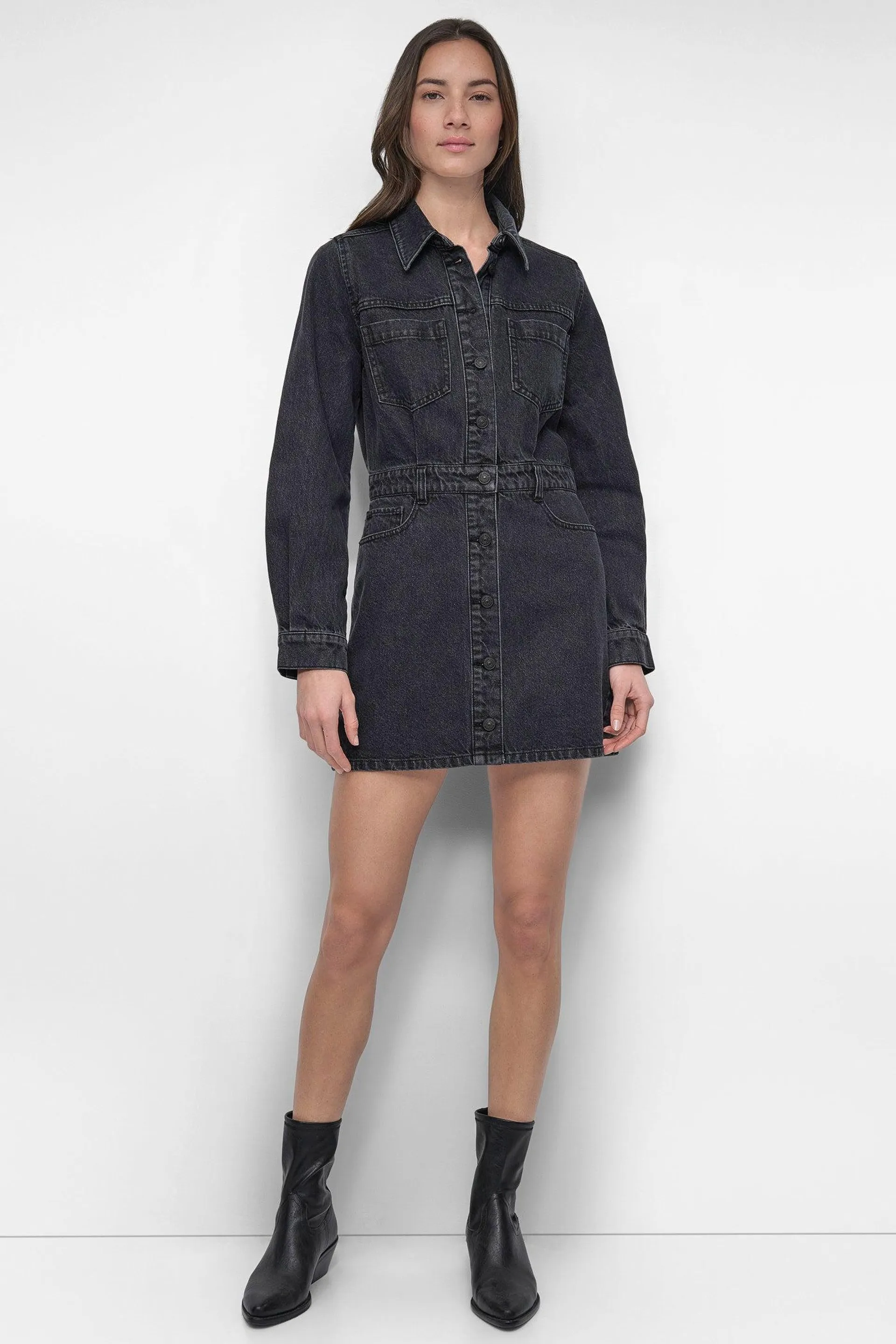 BUTTON DOWN LONG SLEEVE DENIM DRESS