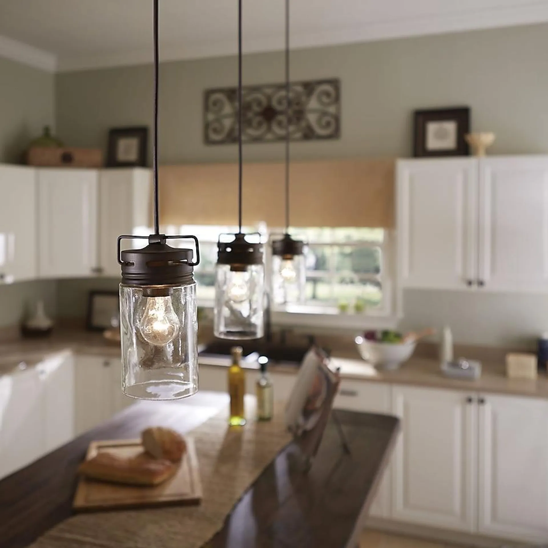 allen + roth Vallymede Aged Bronze Farmhouse Clear Glass Jar Mini Hanging Pendant Light