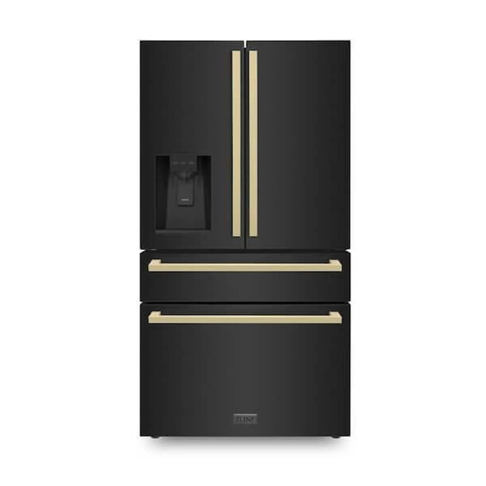 Autograph Edition 36 in. 4-Door French Door Refrigerator with Square Champagne Bronze Handles in Black Stainless Steel