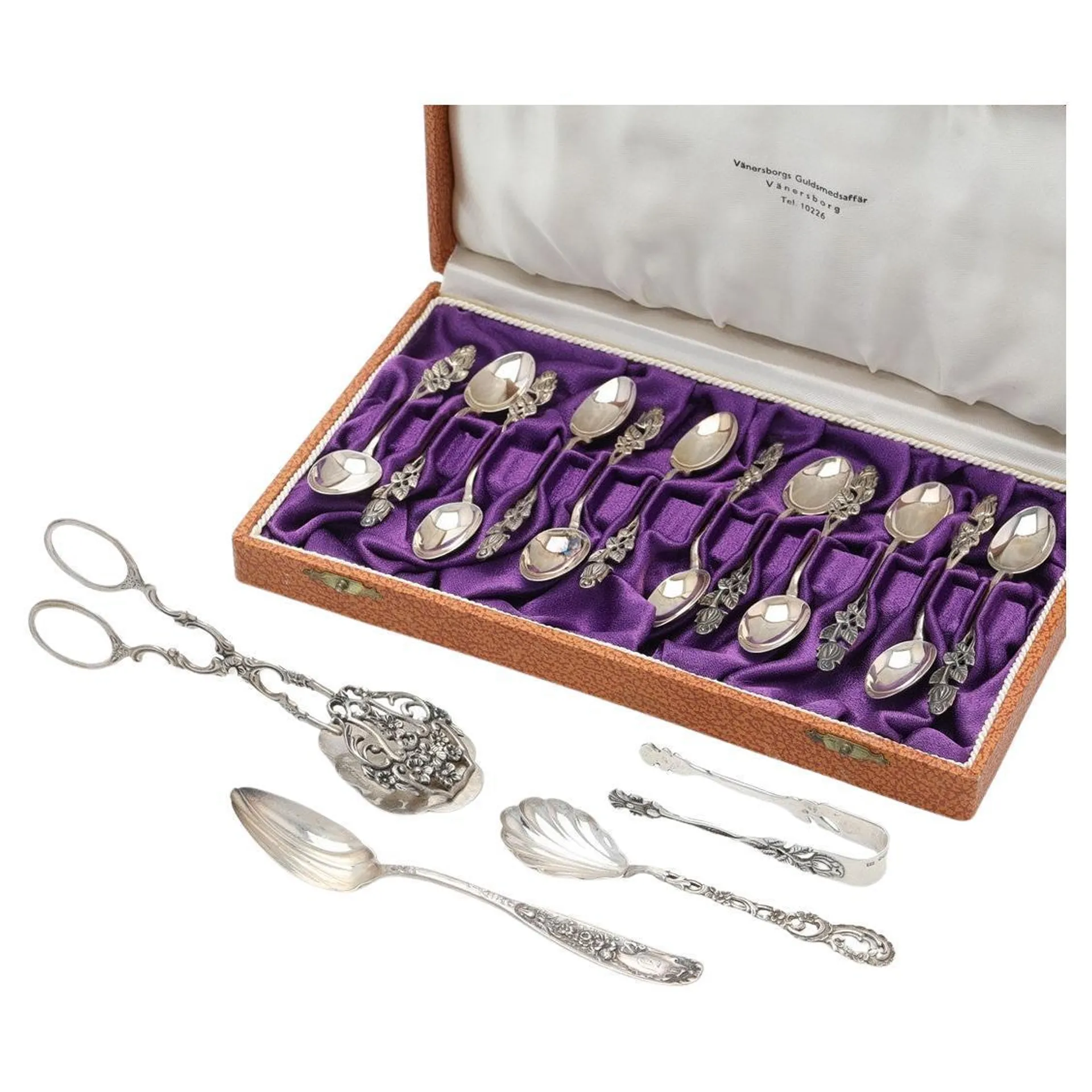 Exclusive Tea COFFEE SPOONS, 12pcs. Sterling Silver & Box Cake Spatula & TONGS.