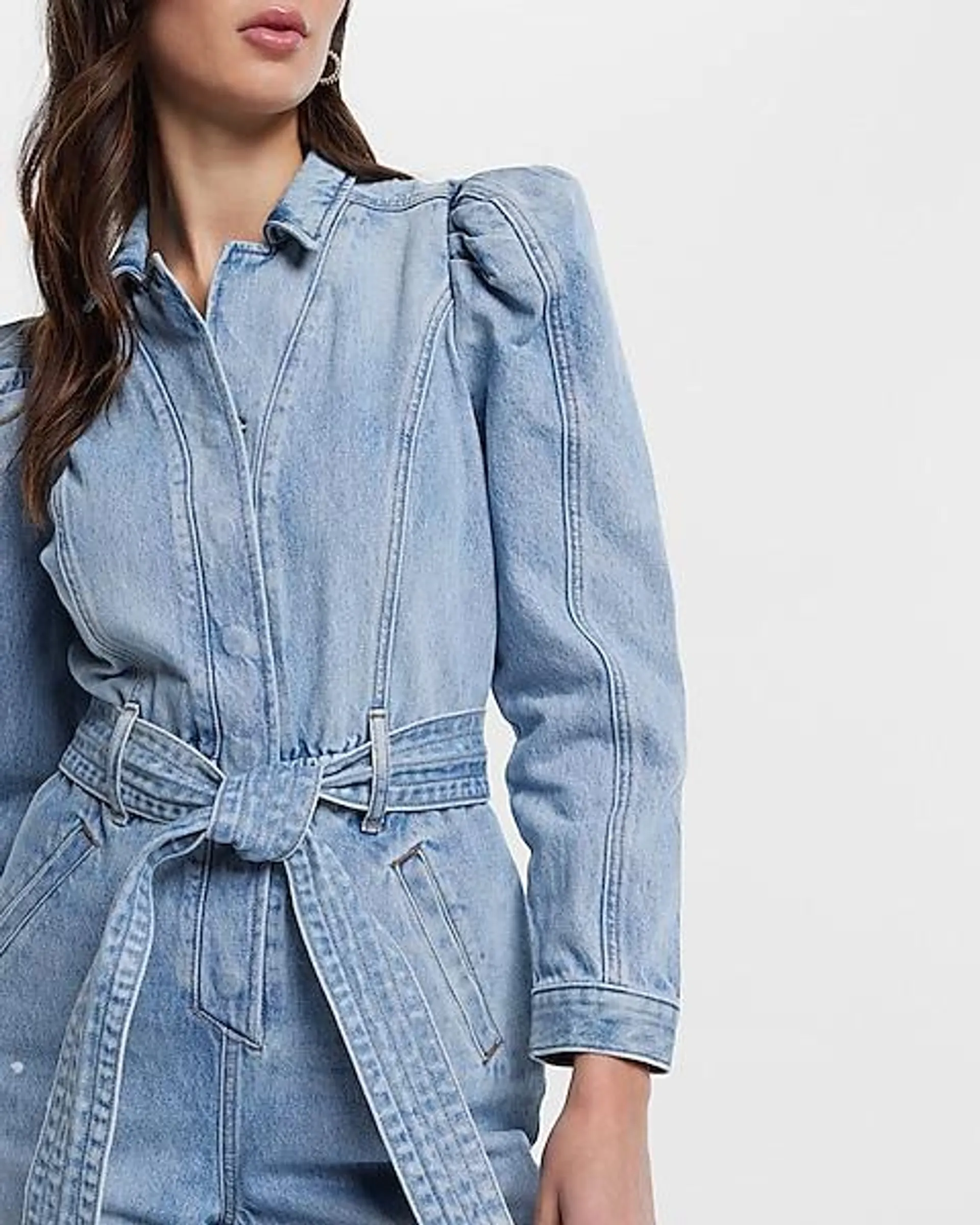 Puff Sleeve Tie Waist Medium Wash Denim Jumpsuit