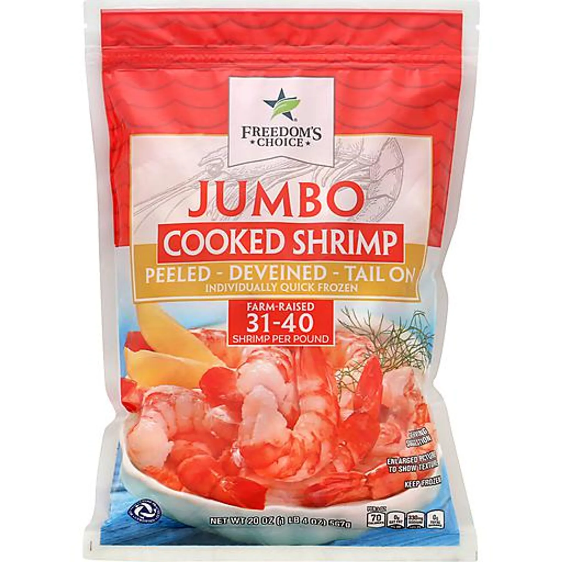 Freedom's Choice Cooked Tail-On Jumbo Shrimp 31-40 ct