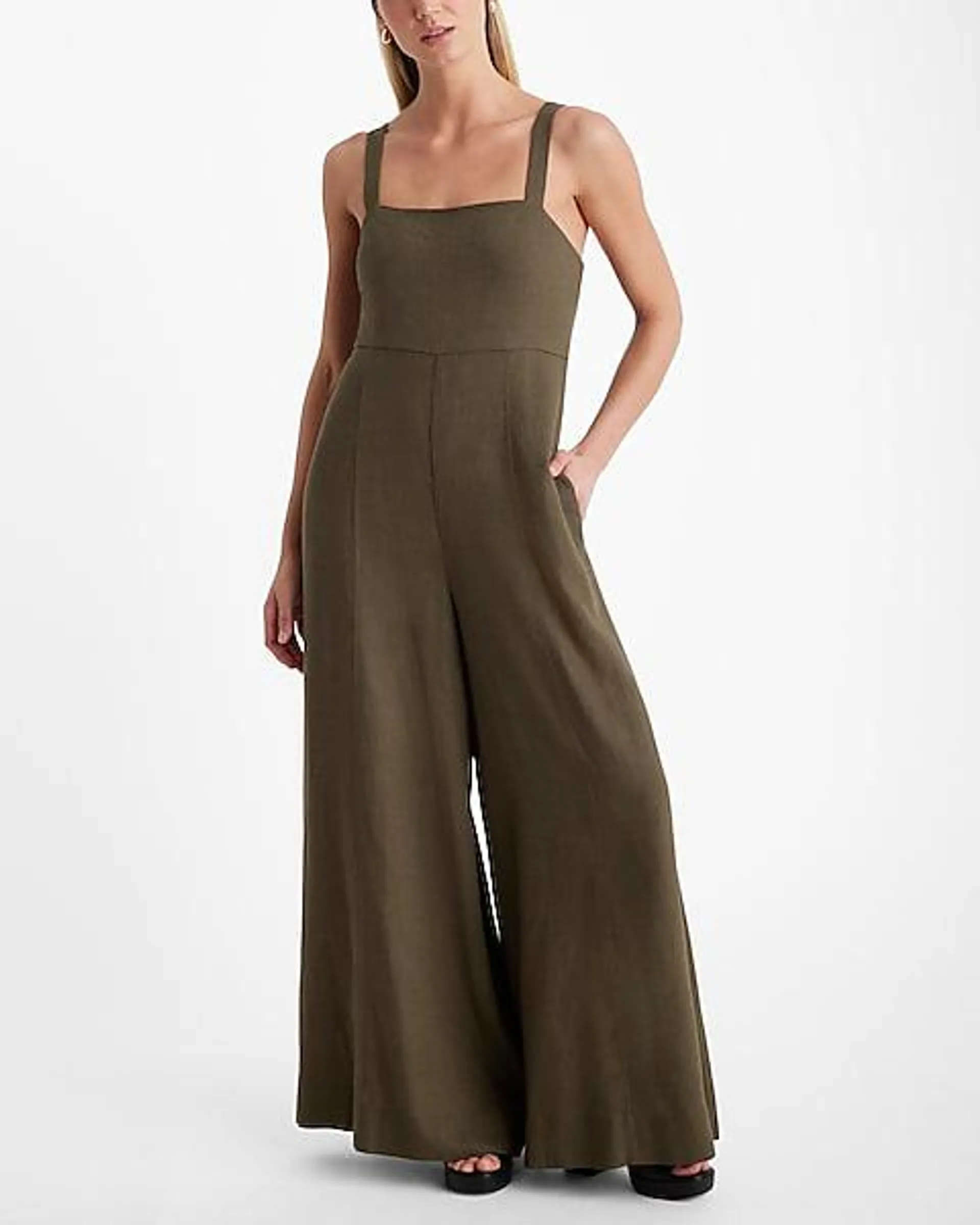 Linen-Blend Square Neck Sleeveless Wide Leg Jumpsuit