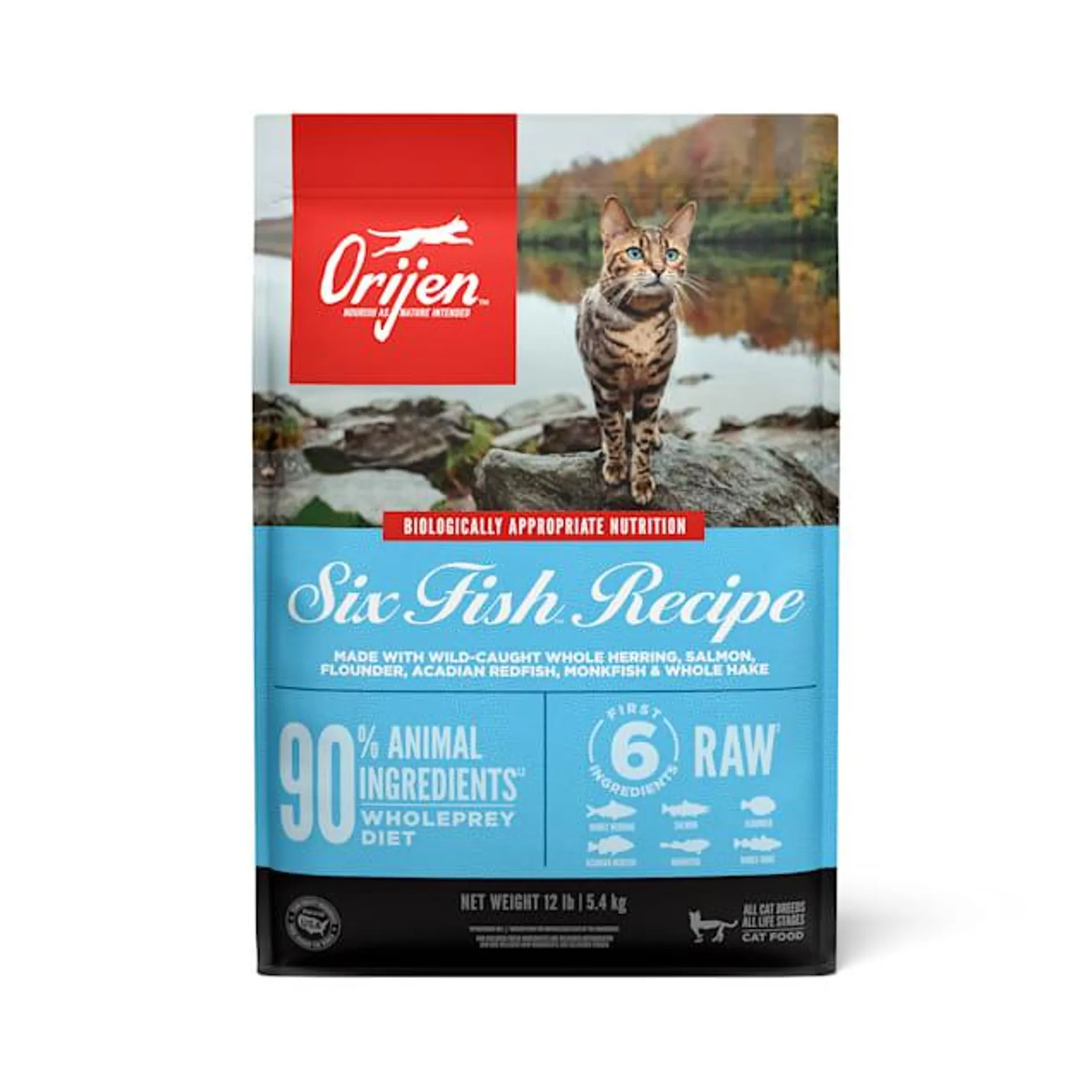 ORIJEN Grain Free Six Fish Premium High Protein Fresh & Raw Animal Ingredients Dry Cat Food, 12 lbs