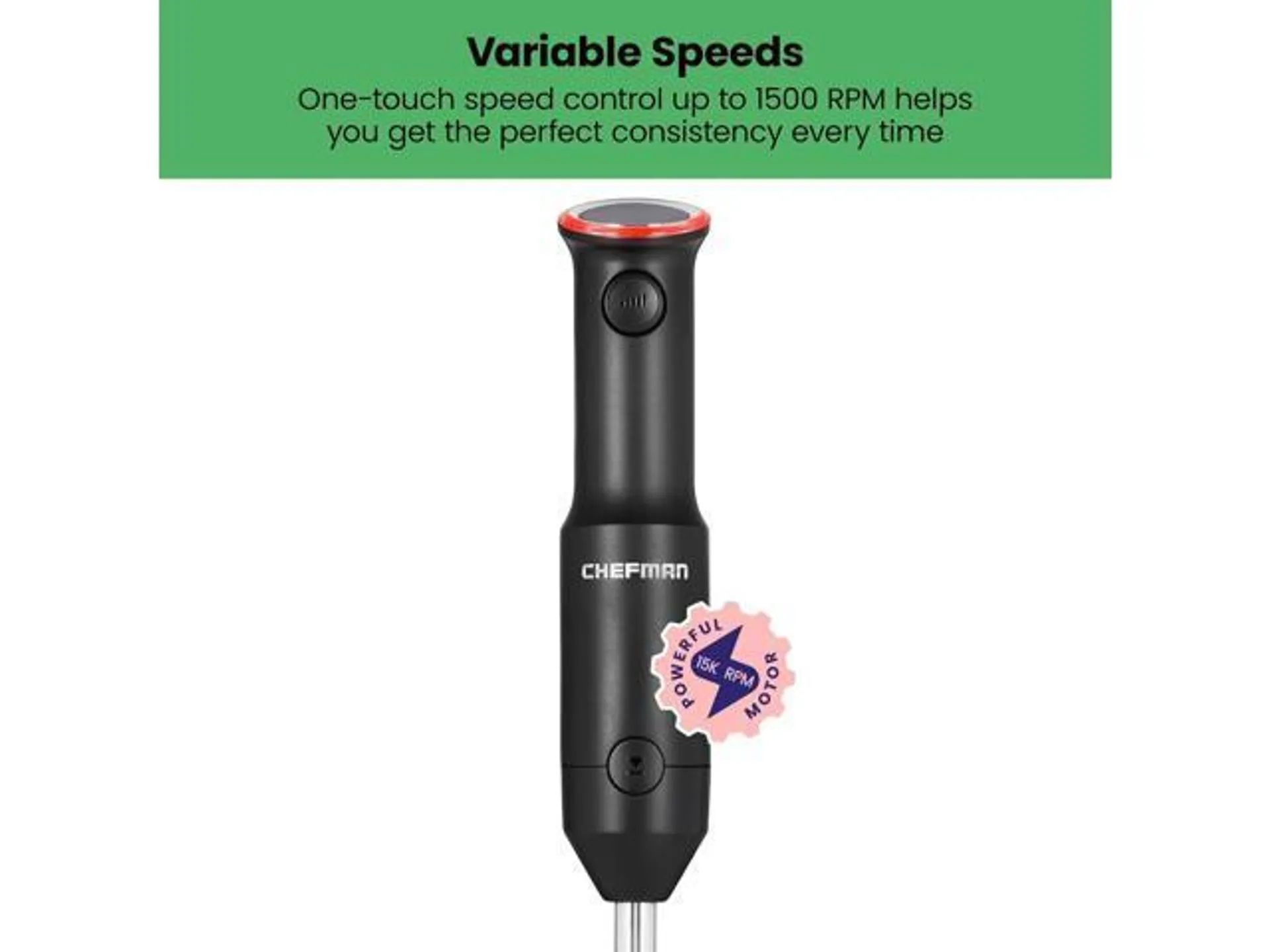 Chefman Cordless Portable Immersion Blender with One-Touch Speed Control - Quick Mix for Shakes, Smoothies, Soups, Dips, Sauces - Black - Stainless Steel Blades - BPA-Free - Dishwasher Safe