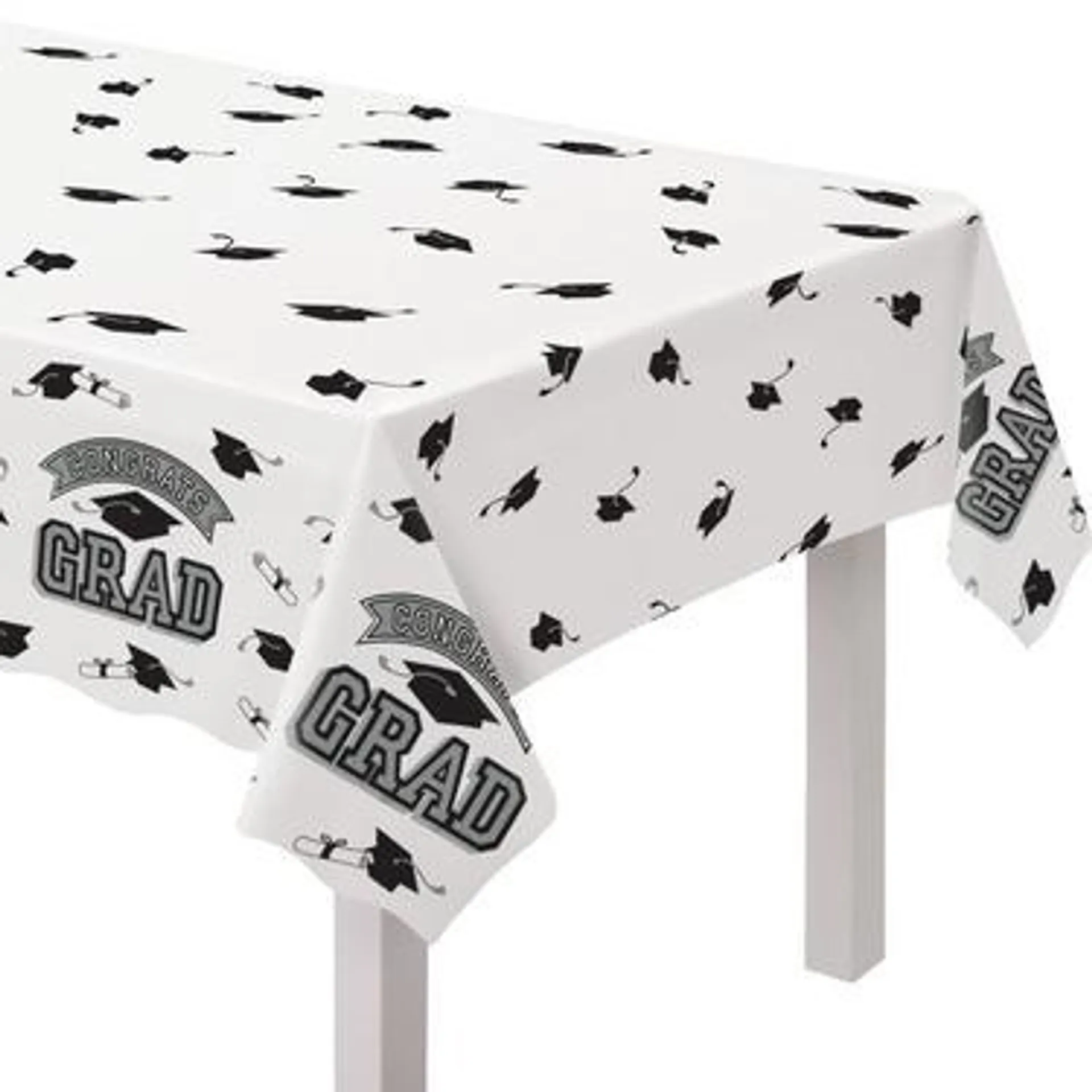 Silver Congrats Grad Plastic Table Cover, 54in x 102in - True to Your School