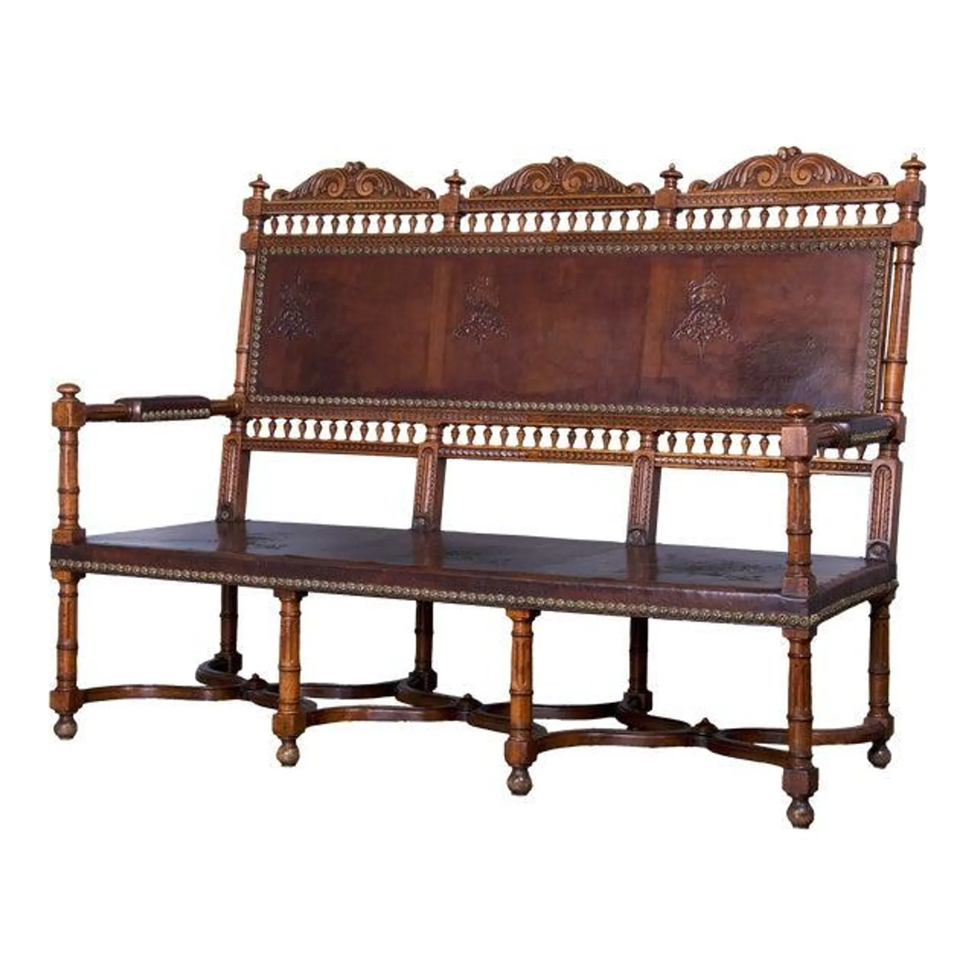 Early 19th Century French Renaissance Henry II Walnut Bench W/ Brown Leather