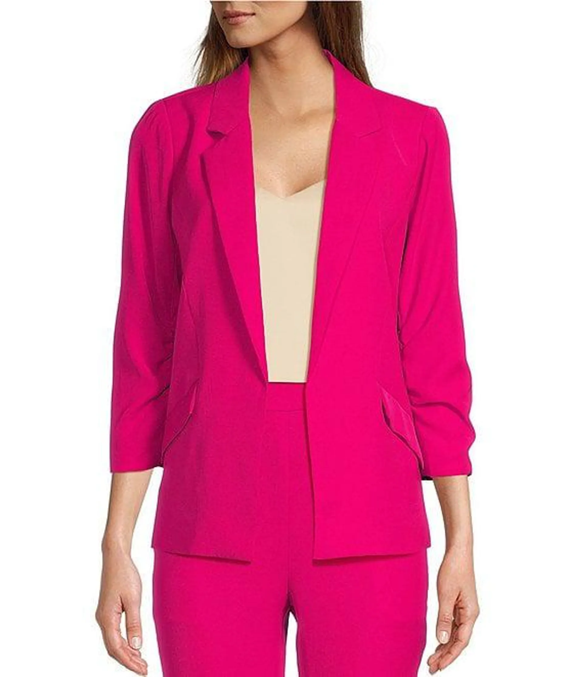 Notch Lapel Shirred 3/4 Sleeve Open Front Statement Blazer