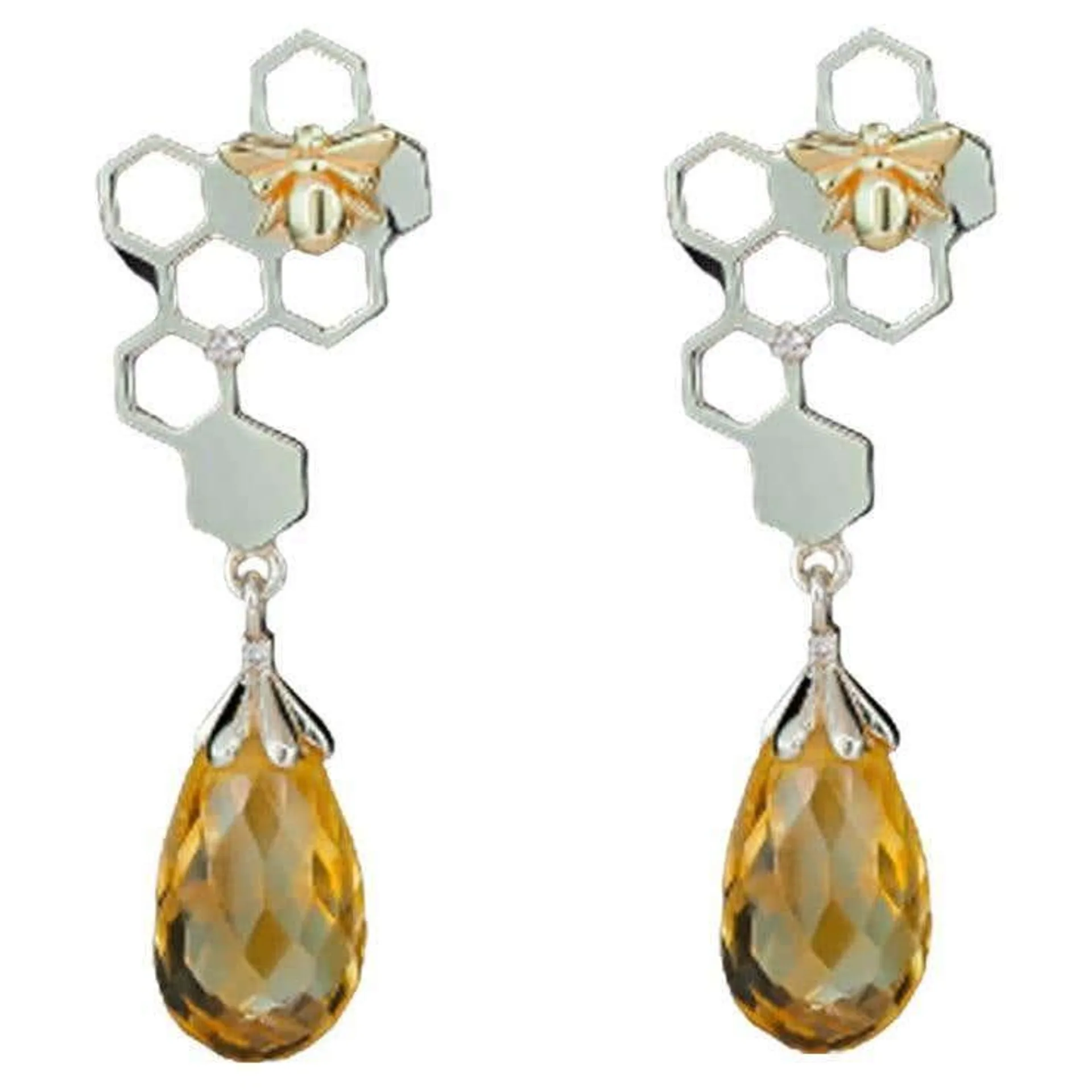 Bee on Honeycomb 14k Gold Studs Earrings with with Citrines Briolettes